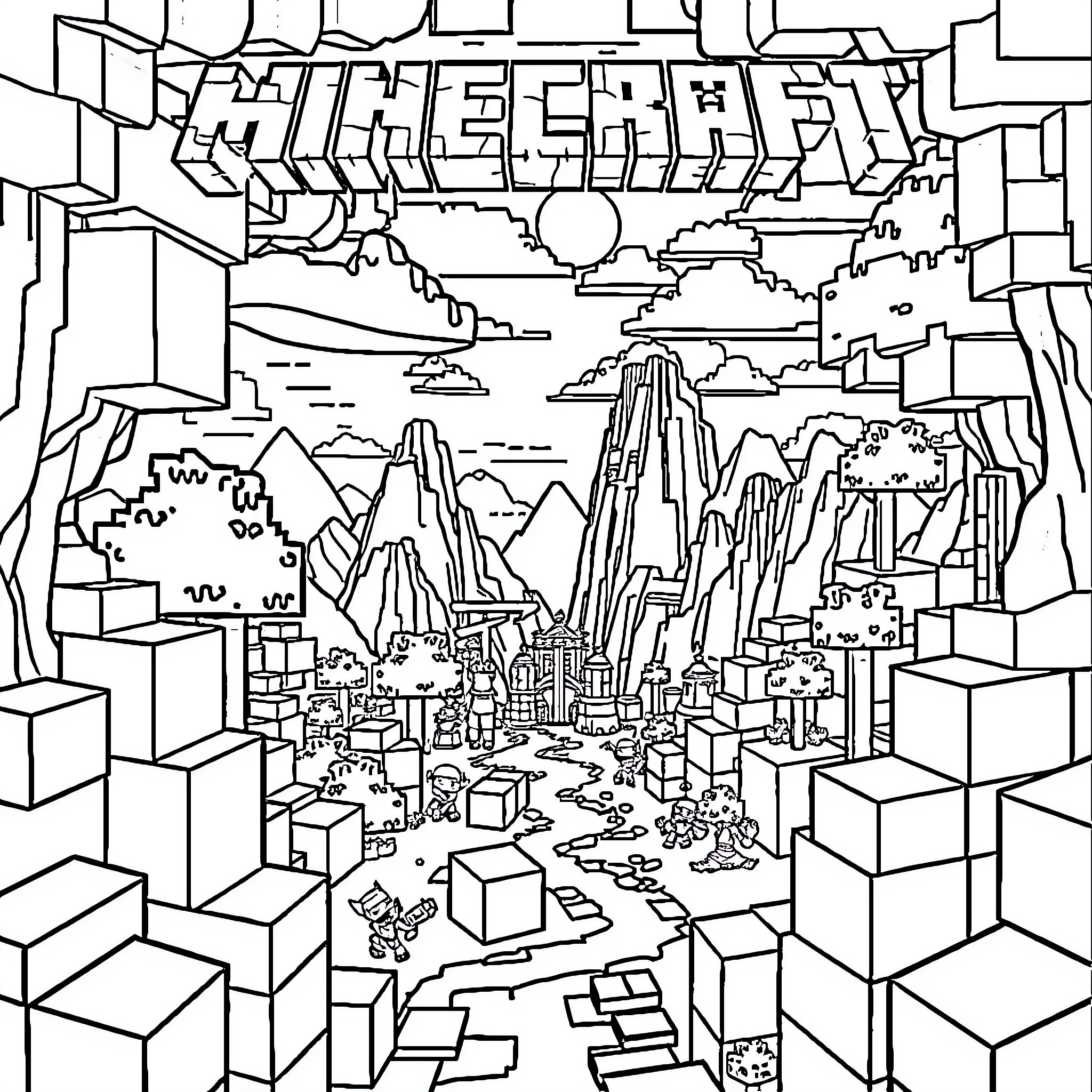 Minecraft Blocky Landscape with Cliffs and Mountains Coloring Page (free black-and-white line drawing printable PDF for all, from beginners to advanced learners, including children, teens, adults, and seniors)