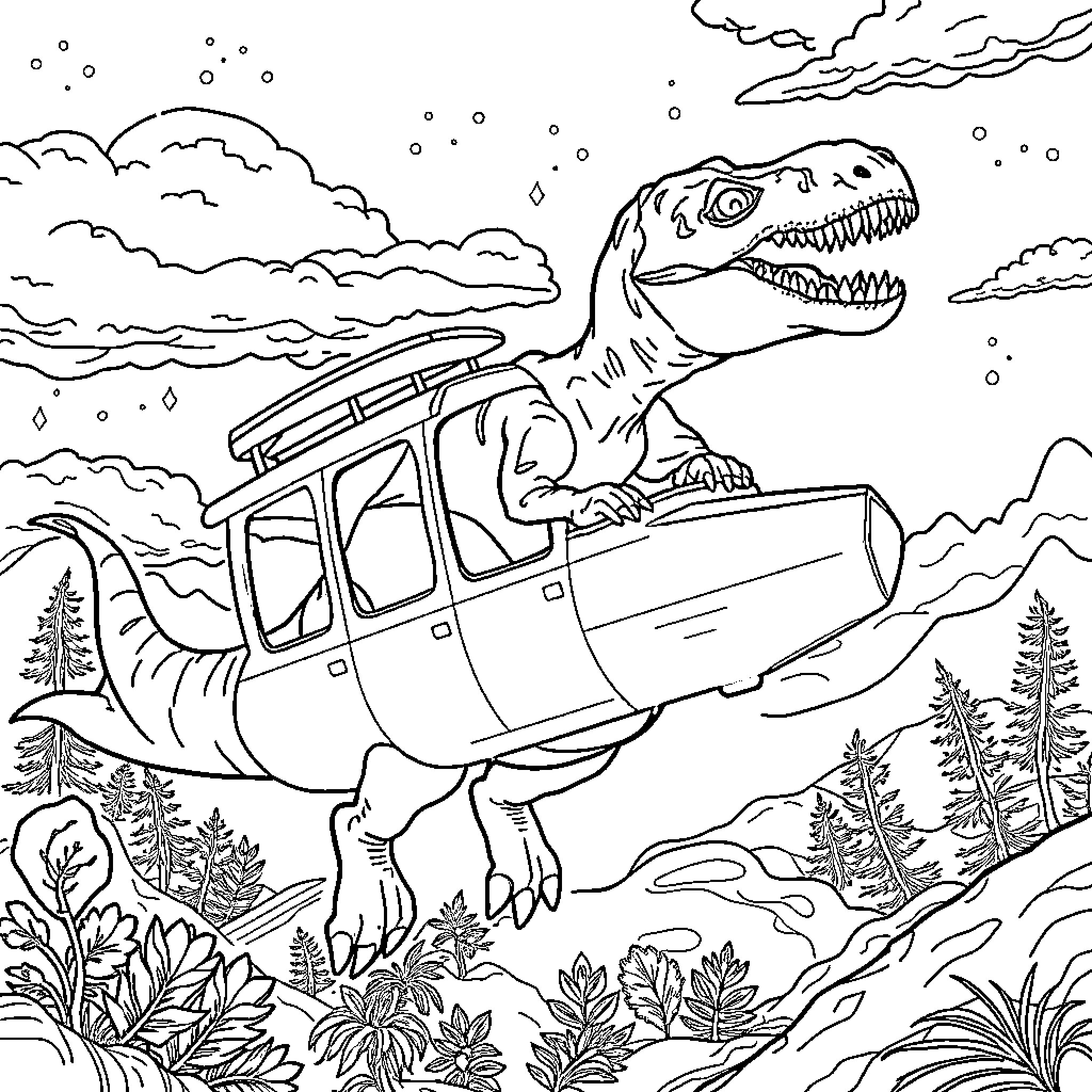 Dinosaur riding a camper van through snowy wilderness Coloring Page (free black-and-white line drawing printable PDF for all, from beginners to advanced learners, including children, teens, adults, and seniors)
