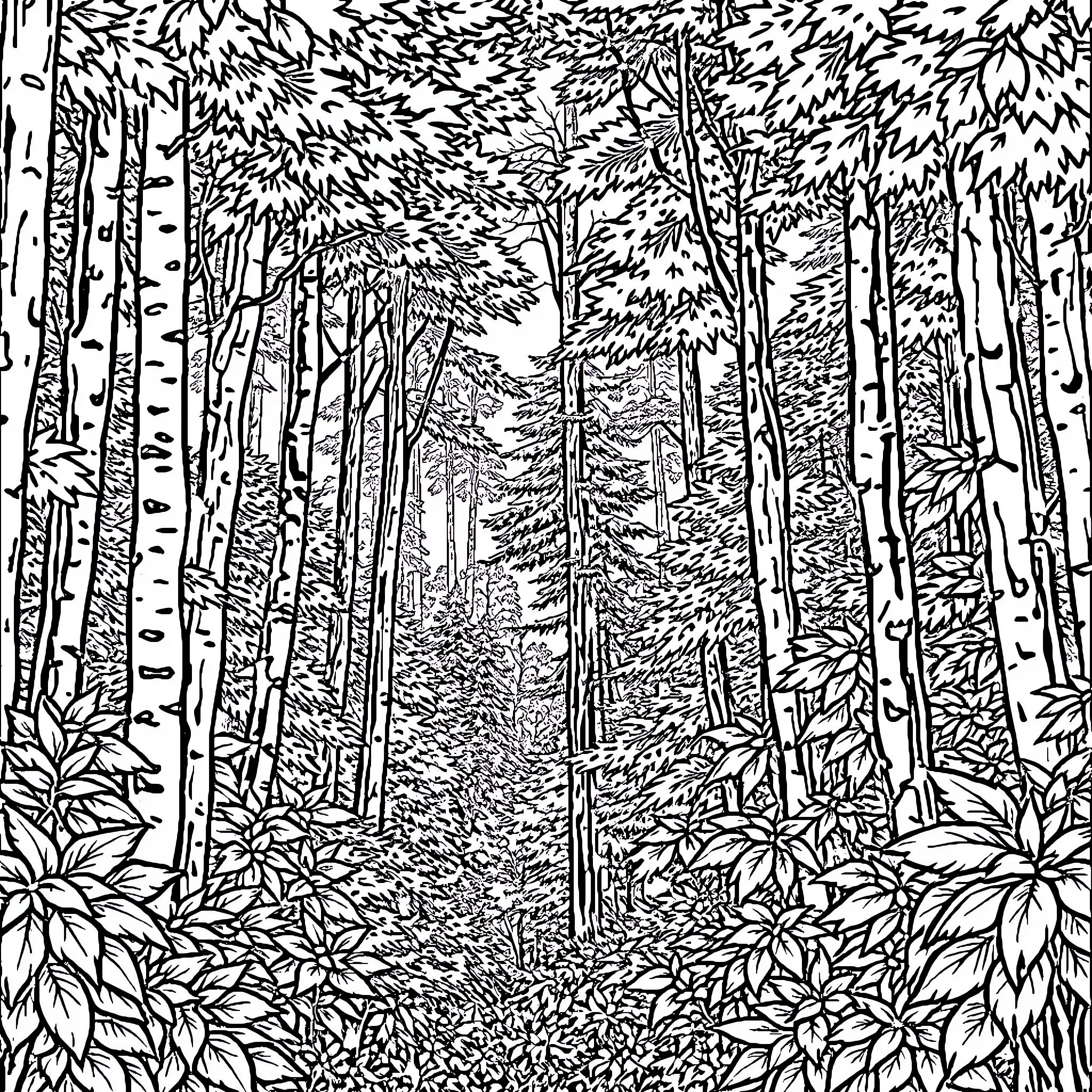 Forest Path through Lush Woodland Scenery Coloring Page (free black-and-white line drawing printable PDF for all, from beginners to advanced learners, including children, teens, adults, and seniors)