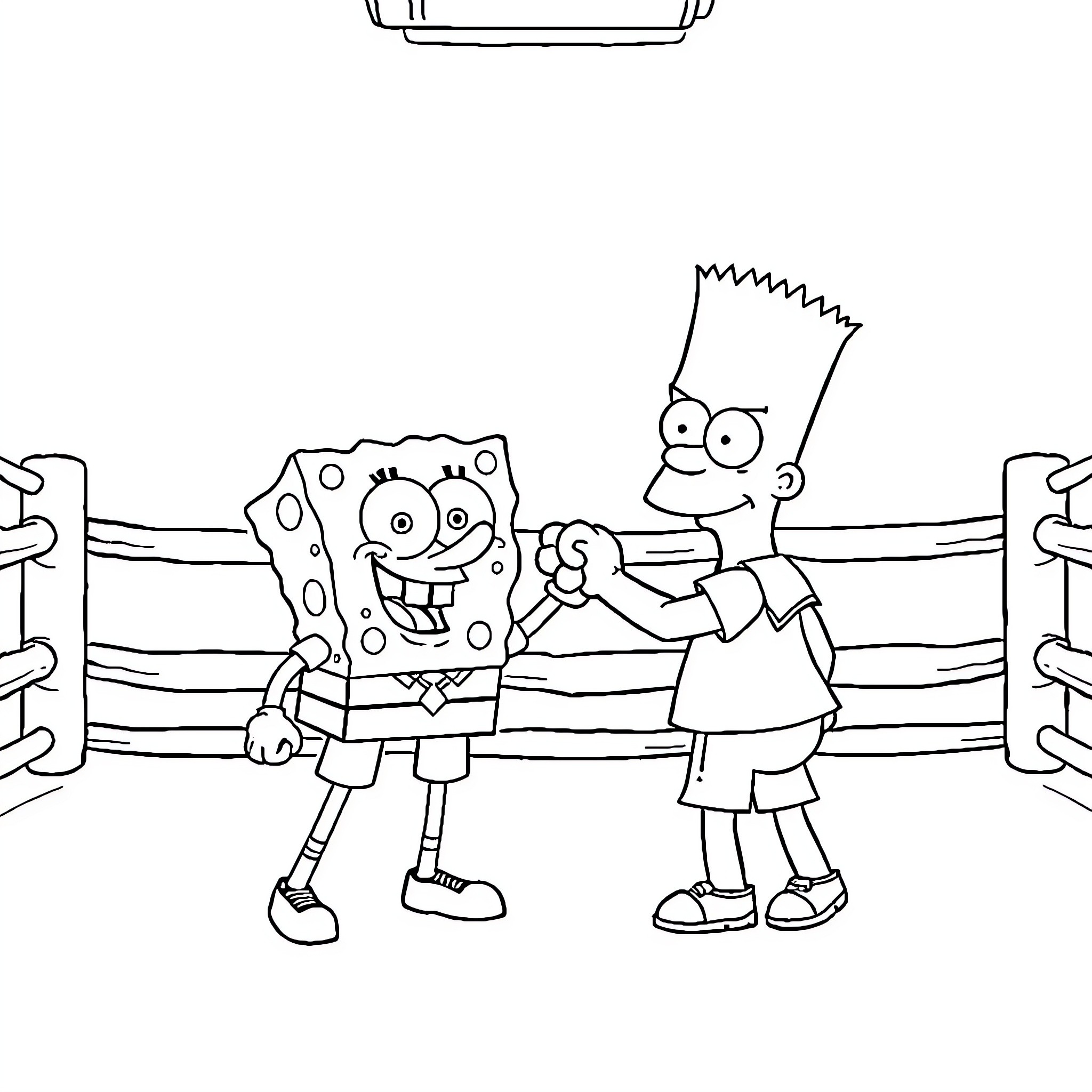 Spongebob and Bart in the Boxing Ring Coloring Page (free black-and-white line drawing printable PDF for all, from beginners to advanced learners, including children, teens, adults, and seniors)