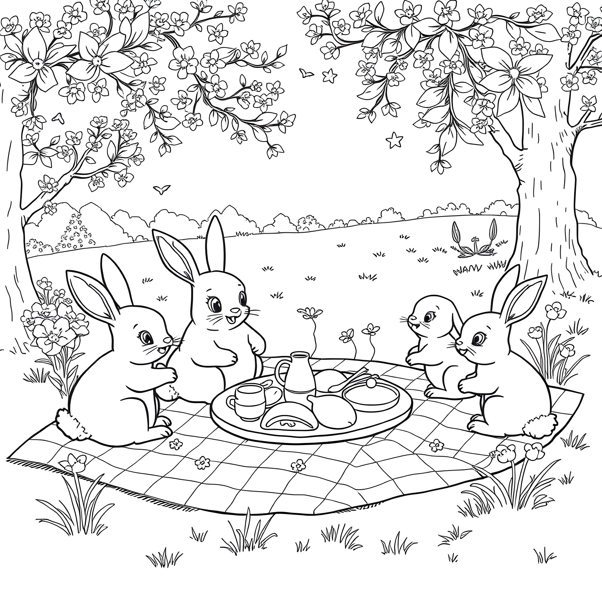 Lolz Rabbits enjoying a picnic in the floral park Coloring Page (free black-and-white line drawing printable PDF for all, from beginners to advanced learners, including children, teens, adults, and seniors)