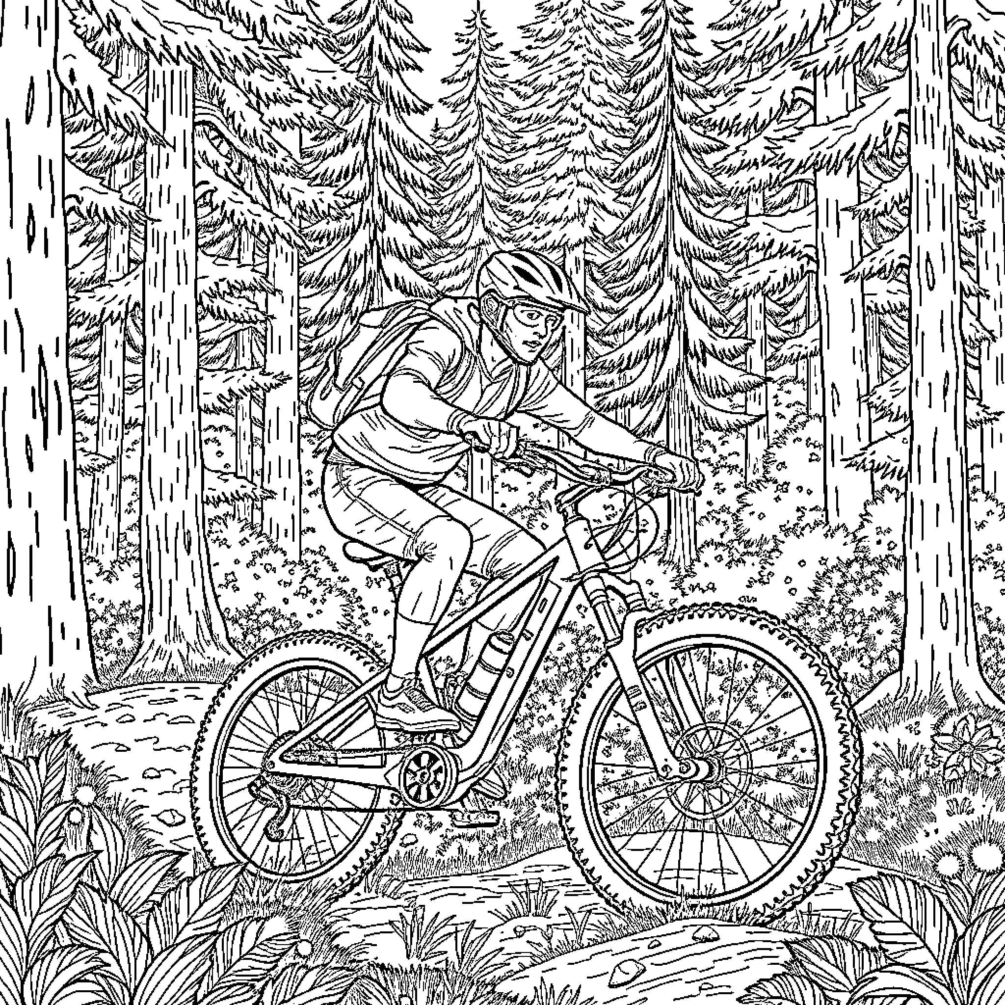 Man riding bicycle through forested trail Coloring Page (free black-and-white line drawing printable PDF for all, from beginners to advanced learners, including children, teens, adults, and seniors)