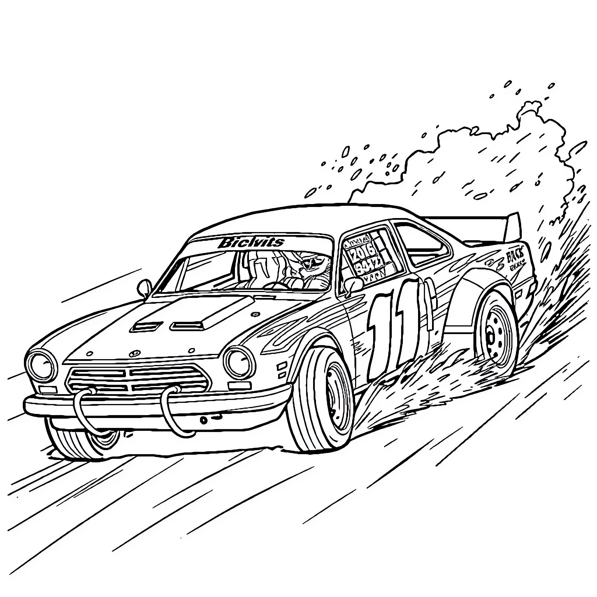 Dirt car racing in the wild Coloring Page (free black-and-white line drawing printable PDF for all, from beginners to advanced learners, including children, teens, adults, and seniors)