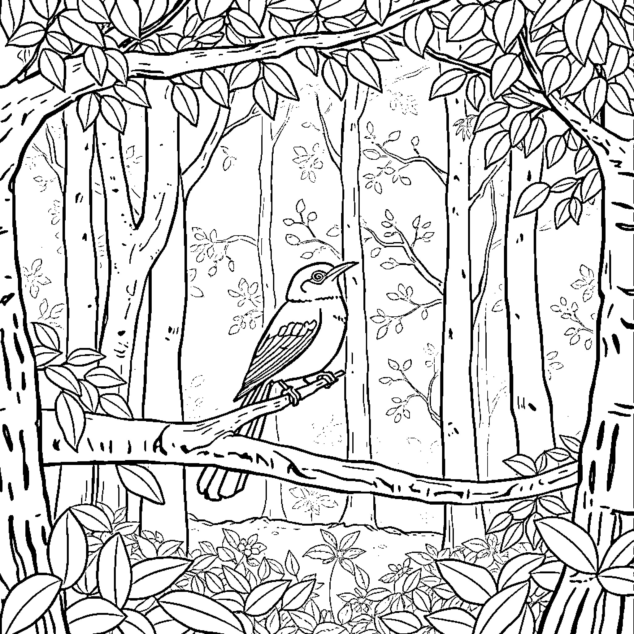 Squirrel amid lush forest scene Coloring Page (free black-and-white line drawing printable PDF for all, from beginners to advanced learners, including children, teens, adults, and seniors)