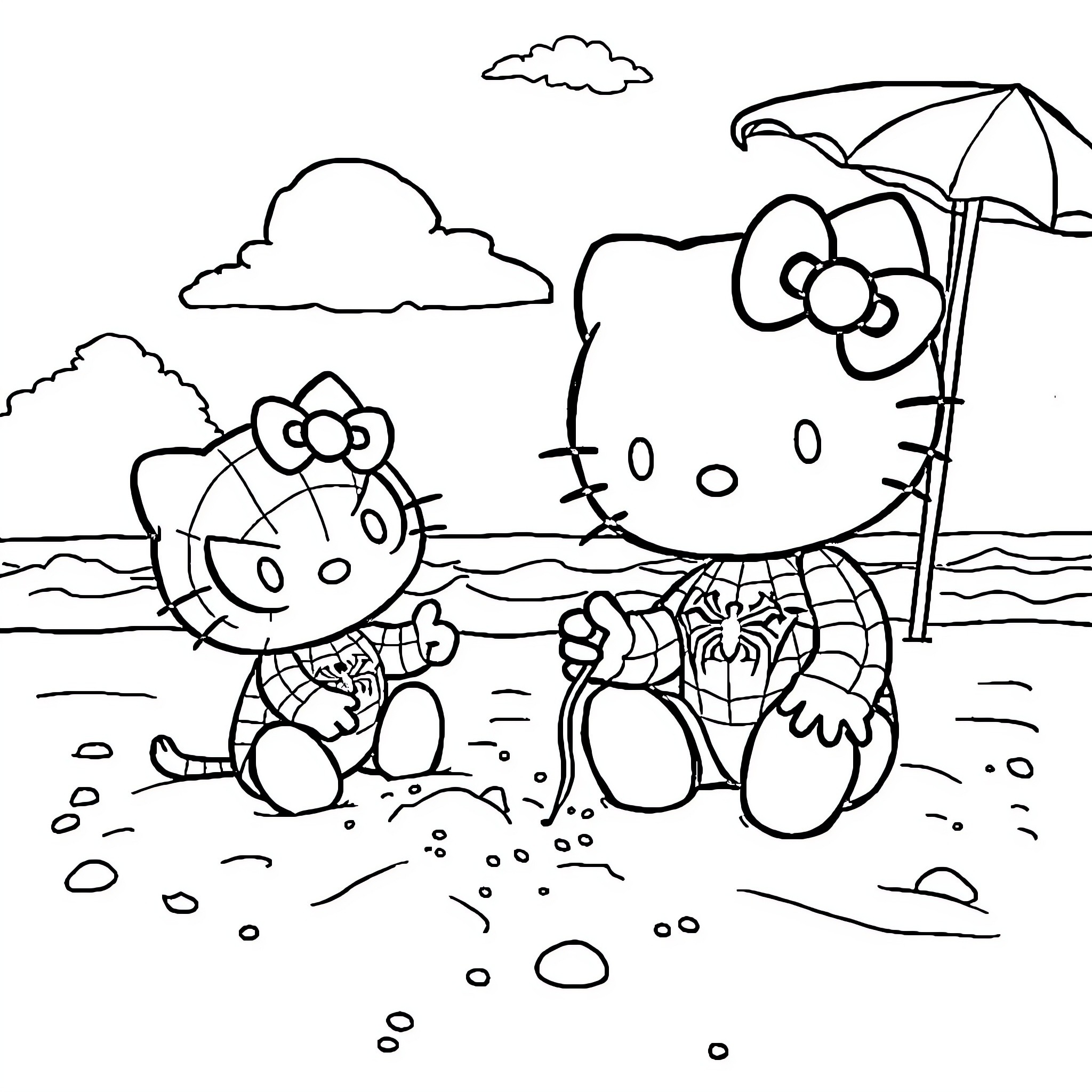 Hello Kitty Enjoying a Beach Day Coloring Page (free black-and-white line drawing printable PDF for all, from beginners to advanced learners, including children, teens, adults, and seniors)