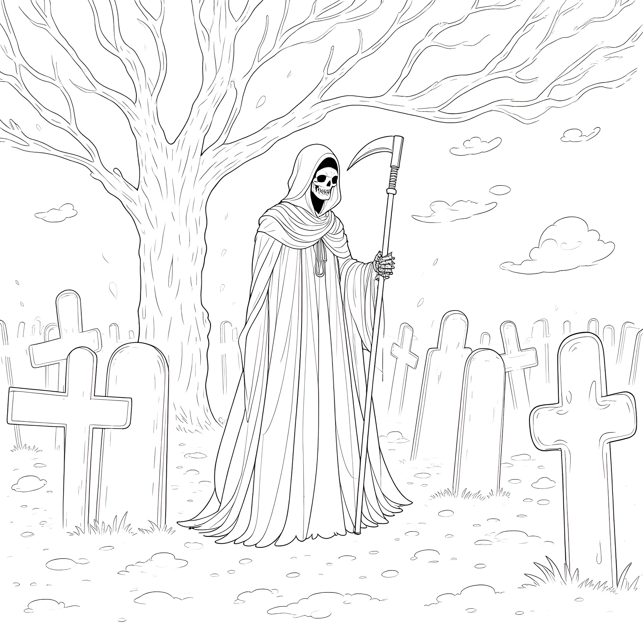 Grim Reaper standing among gravestones in a cemetery Coloring Page (free black-and-white line drawing printable PDF for all, from beginners to advanced learners, including children, teens, adults, and seniors)
