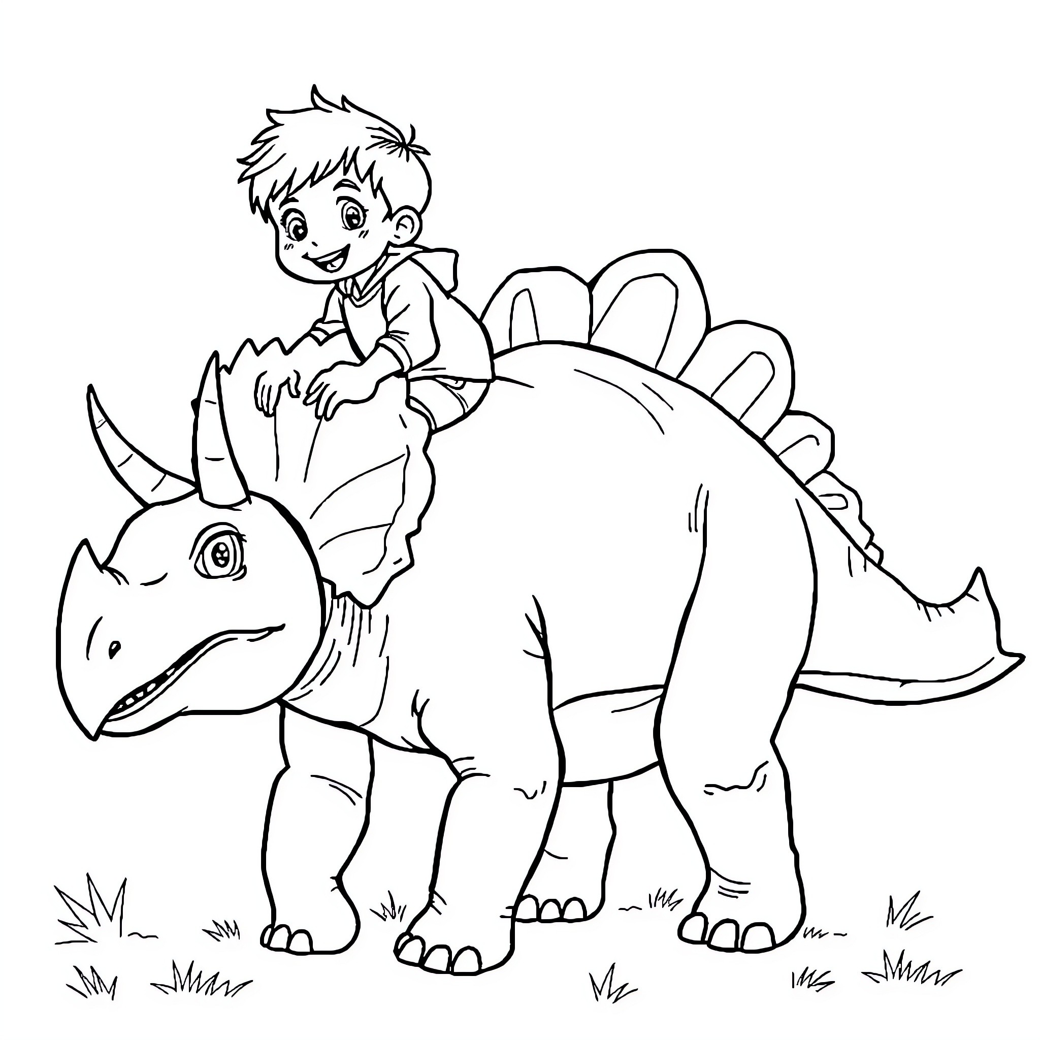 Triceratops and a cheerful child riding together Coloring Page (free black-and-white line drawing printable PDF for all, from beginners to advanced learners, including children, teens, adults, and seniors)