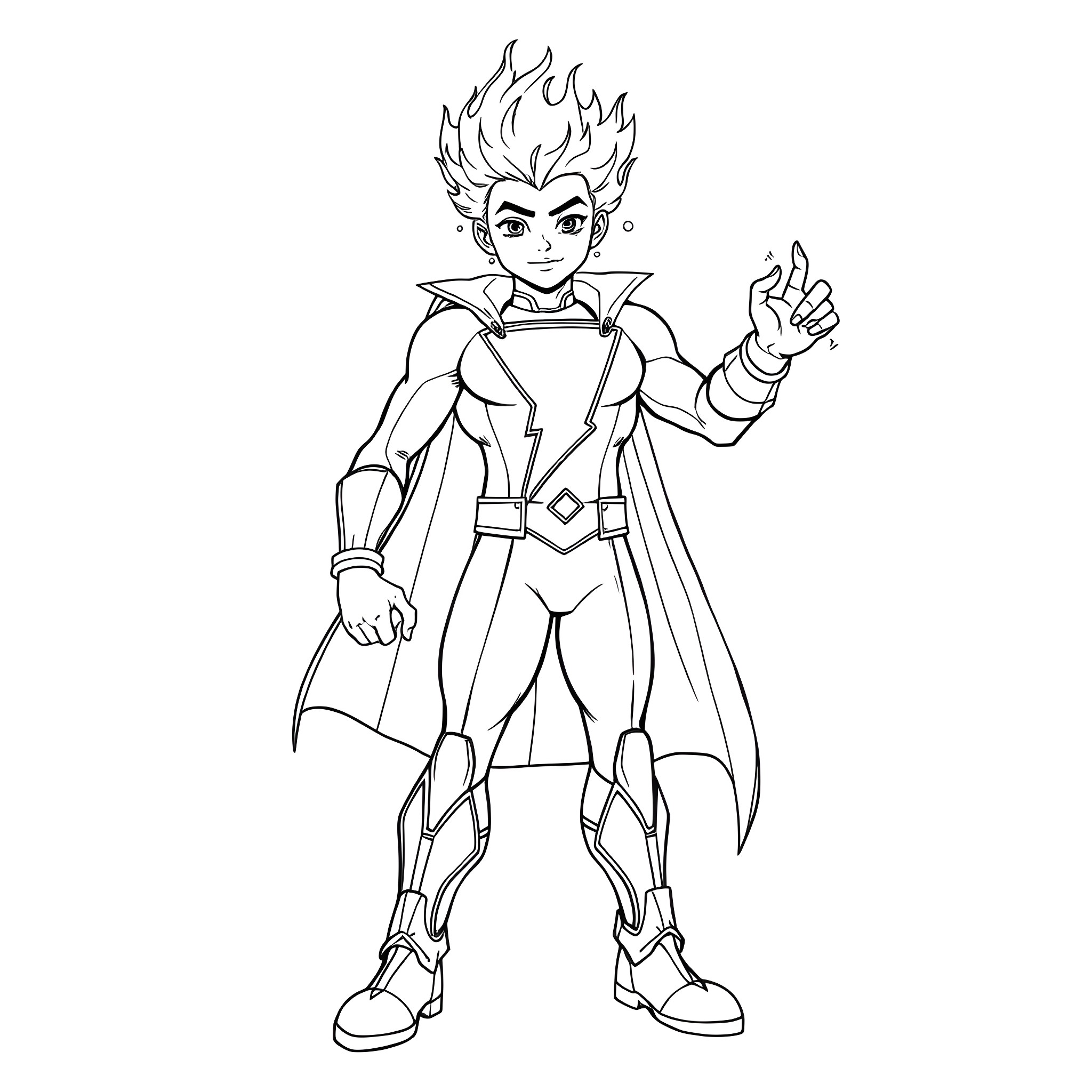 Superhero in dynamic action pose with fiery hair Coloring Page (free black-and-white line drawing printable PDF for all, from beginners to advanced learners, including children, teens, adults, and seniors)