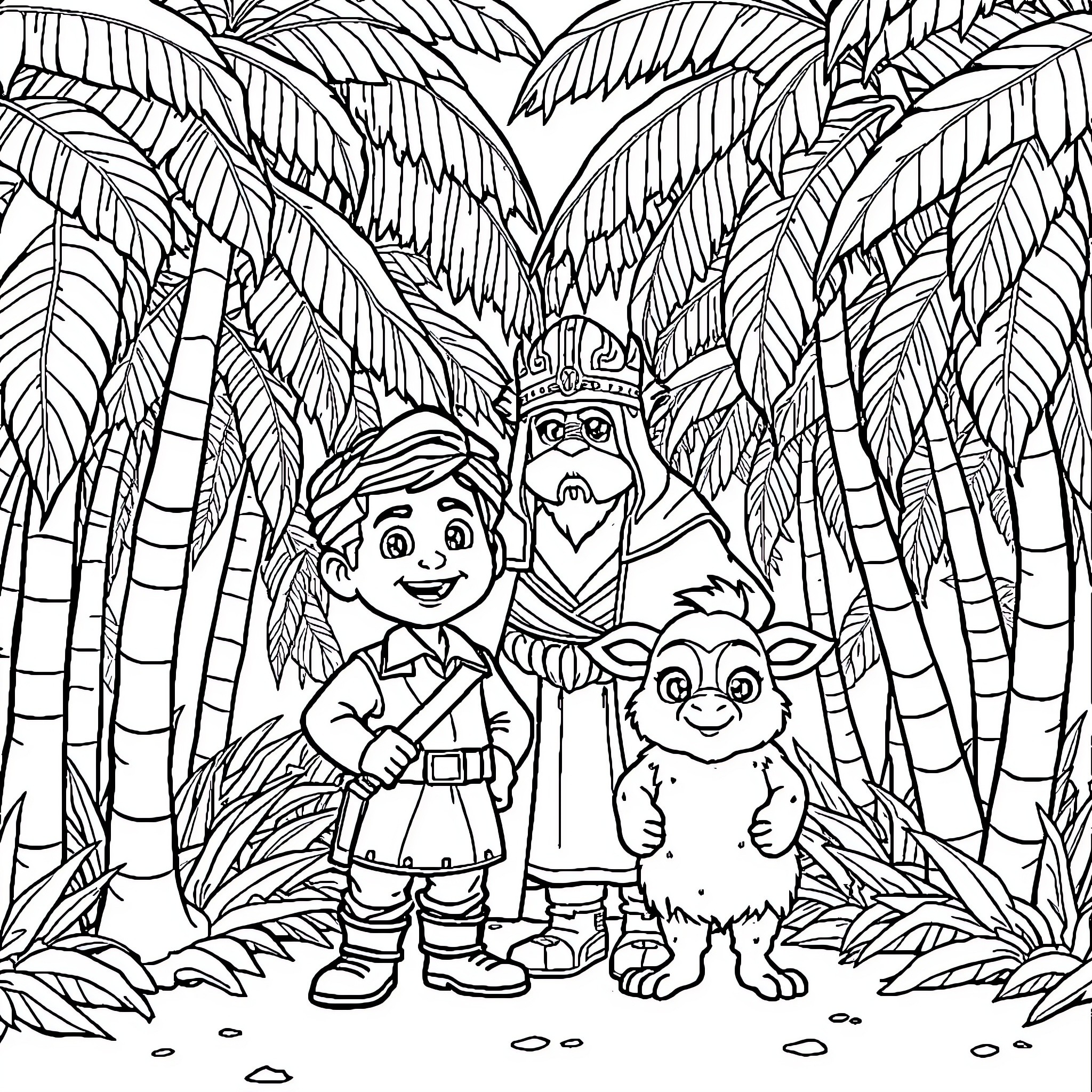 Coco's Adventure in the Jungle Coloring Page (free black-and-white line drawing printable PDF for all, from beginners to advanced learners, including children, teens, adults, and seniors)