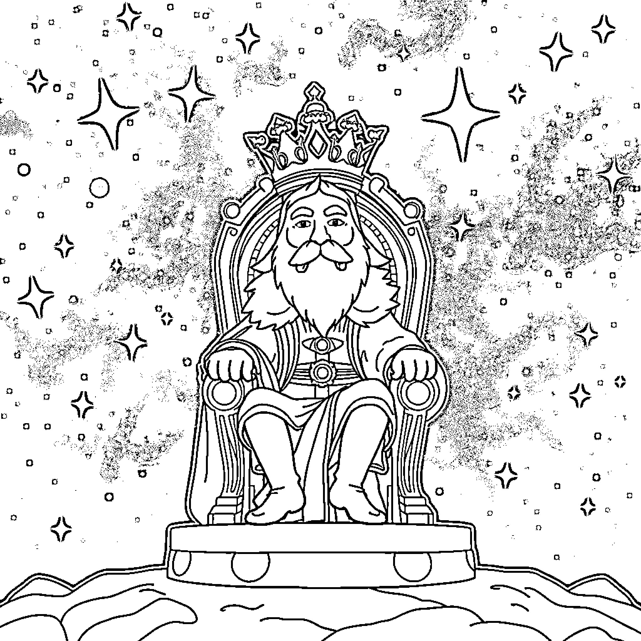 King sitting on a throne amidst shining stars Coloring Page (free black-and-white line drawing printable PDF for all, from beginners to advanced learners, including children, teens, adults, and seniors)