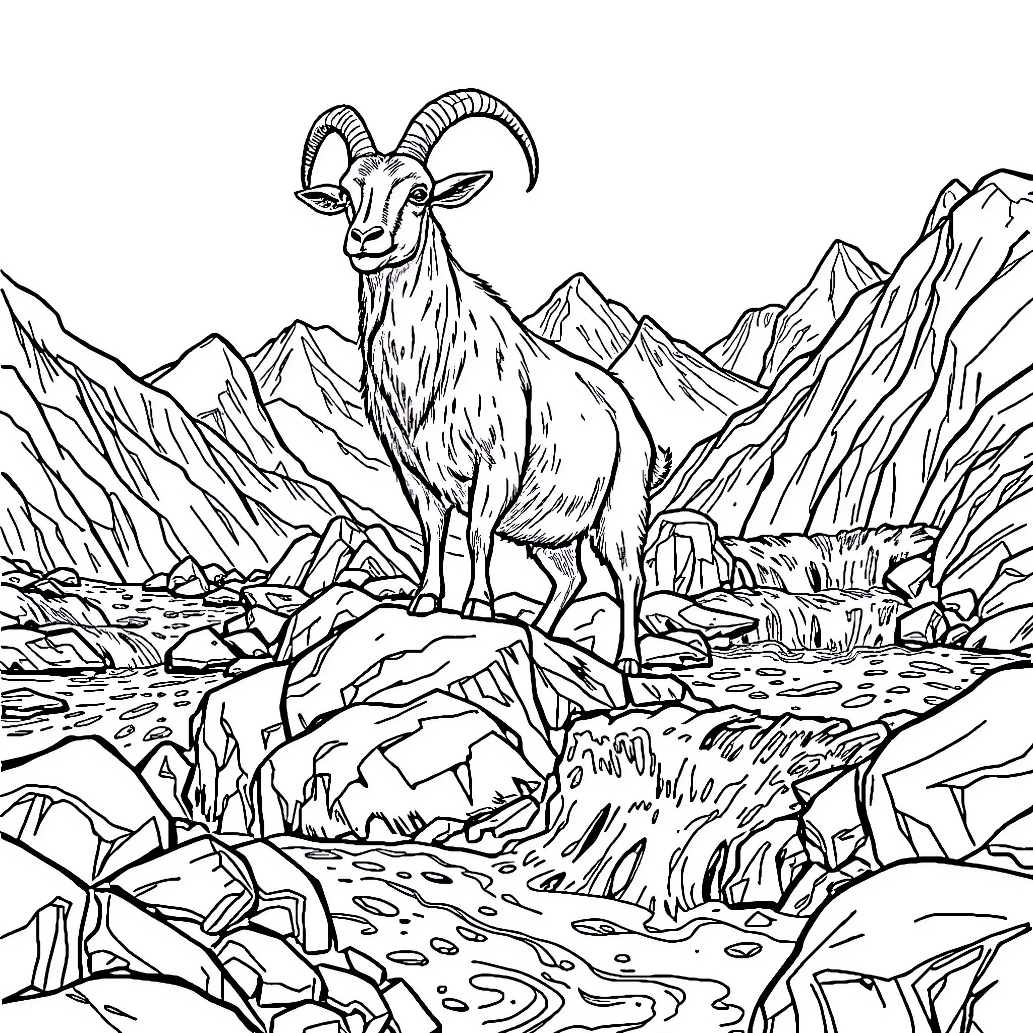 Goat standing confidently in rugged mountain landscape Coloring Page (free black-and-white line drawing printable PDF for all, from beginners to advanced learners, including children, teens, adults, and seniors)