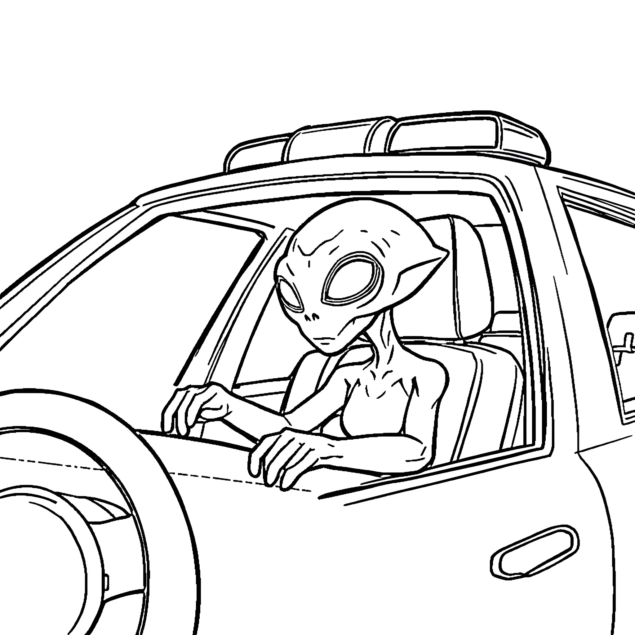 Alien driving a car on the road Coloring Page (free black-and-white line drawing printable PDF for all, from beginners to advanced learners, including children, teens, adults, and seniors)