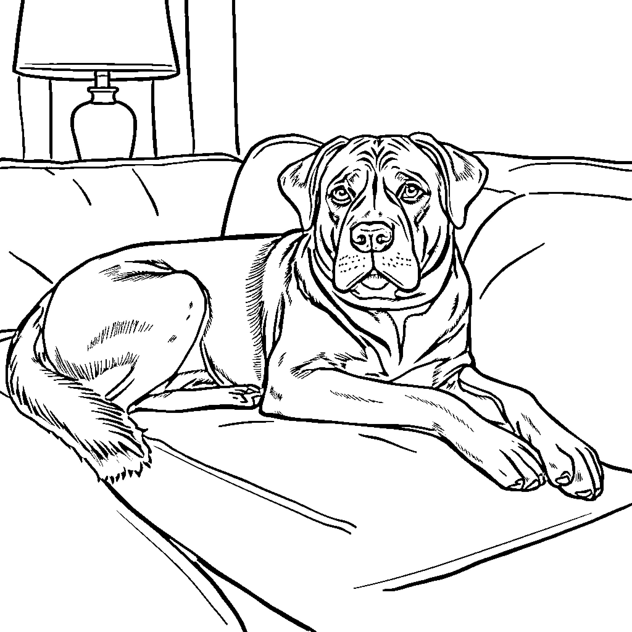 Dog resting peacefully on the sofa Coloring Page (free black-and-white line drawing printable PDF for all, from beginners to advanced learners, including children, teens, adults, and seniors)