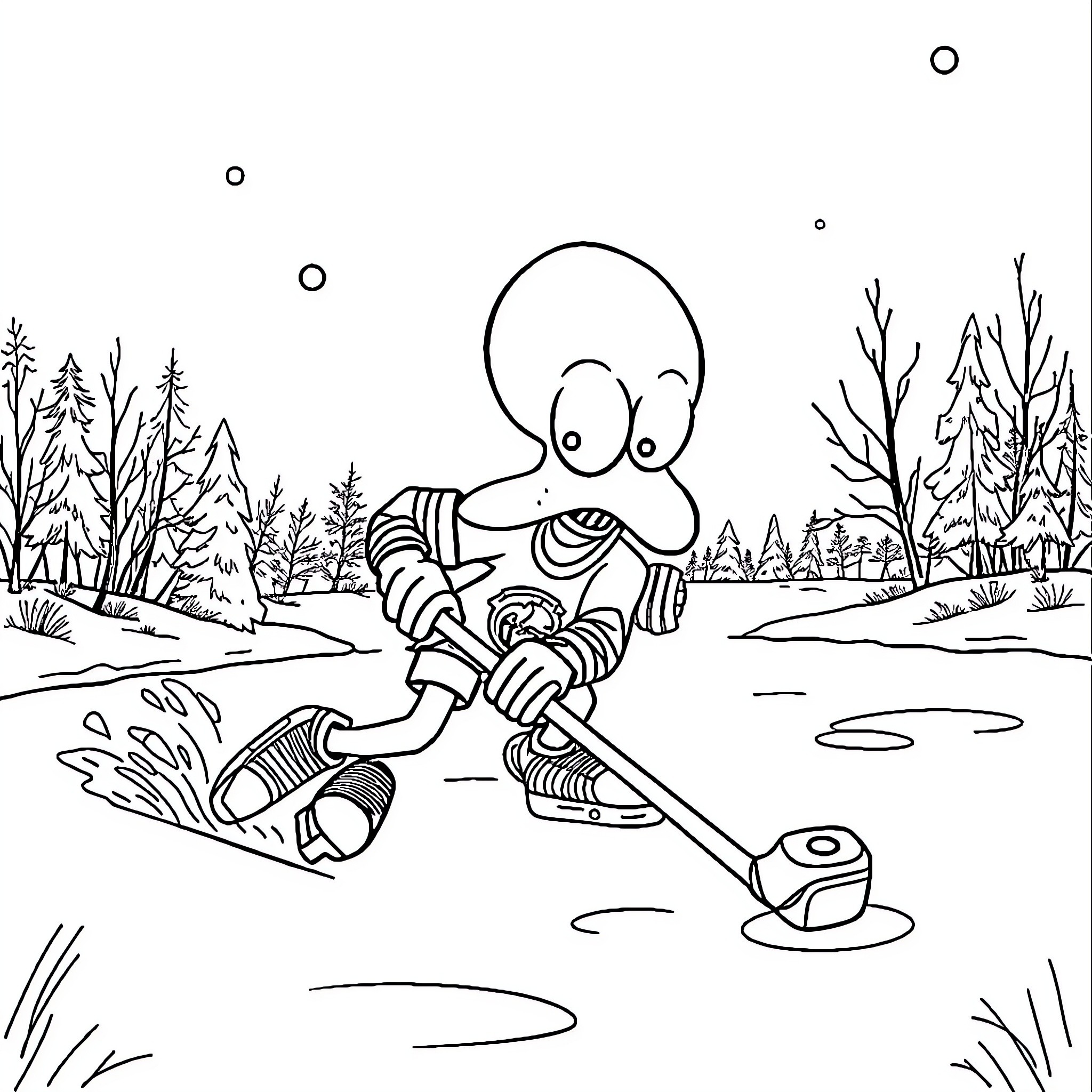 Squidward's Wintry Ice Fishing Adventure Coloring Page (free black-and-white line drawing printable PDF for all, from beginners to advanced learners, including children, teens, adults, and seniors)