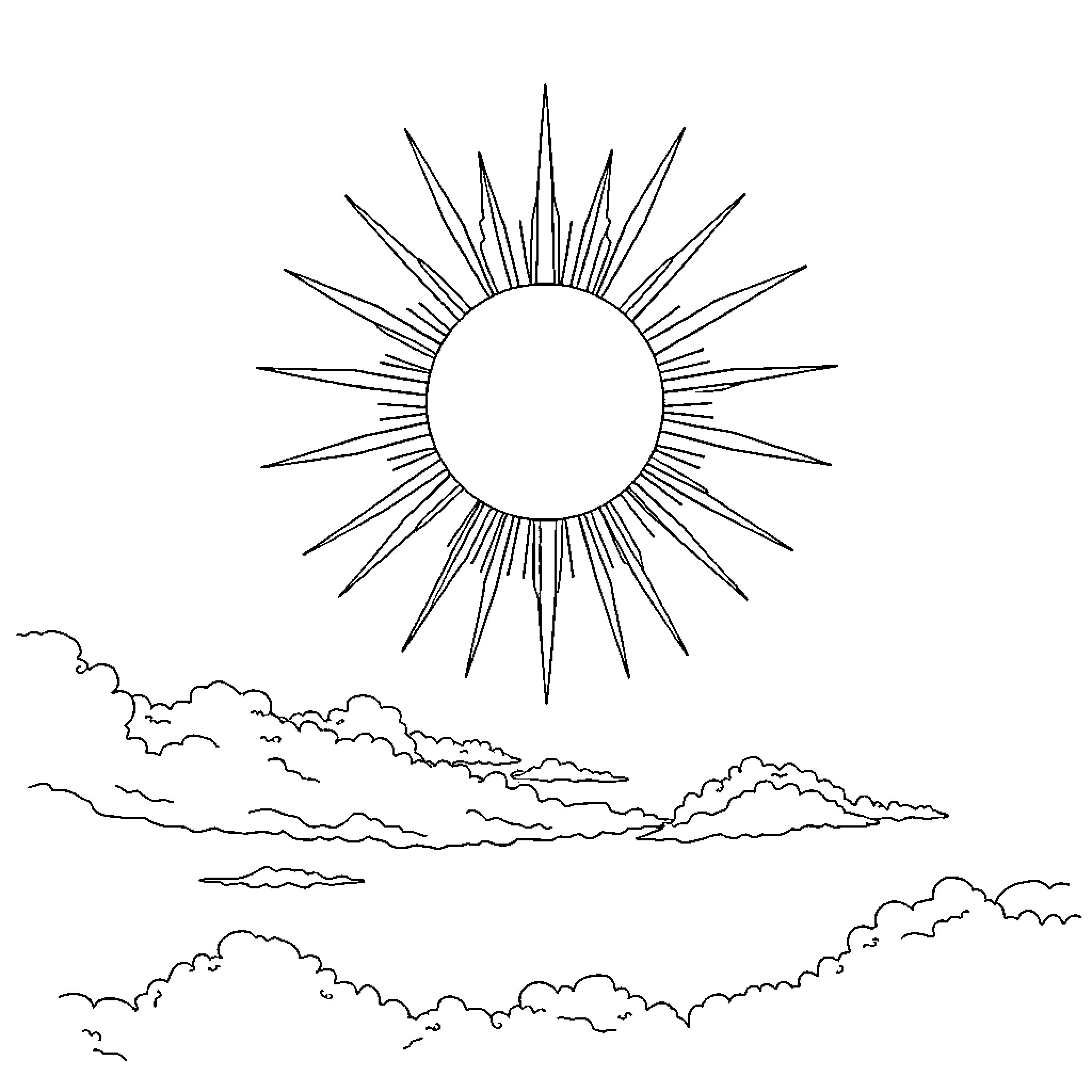 Sun and Moon in the Cloudy Sky Coloring Page (free black-and-white line drawing printable PDF for all, from beginners to advanced learners, including children, teens, adults, and seniors)