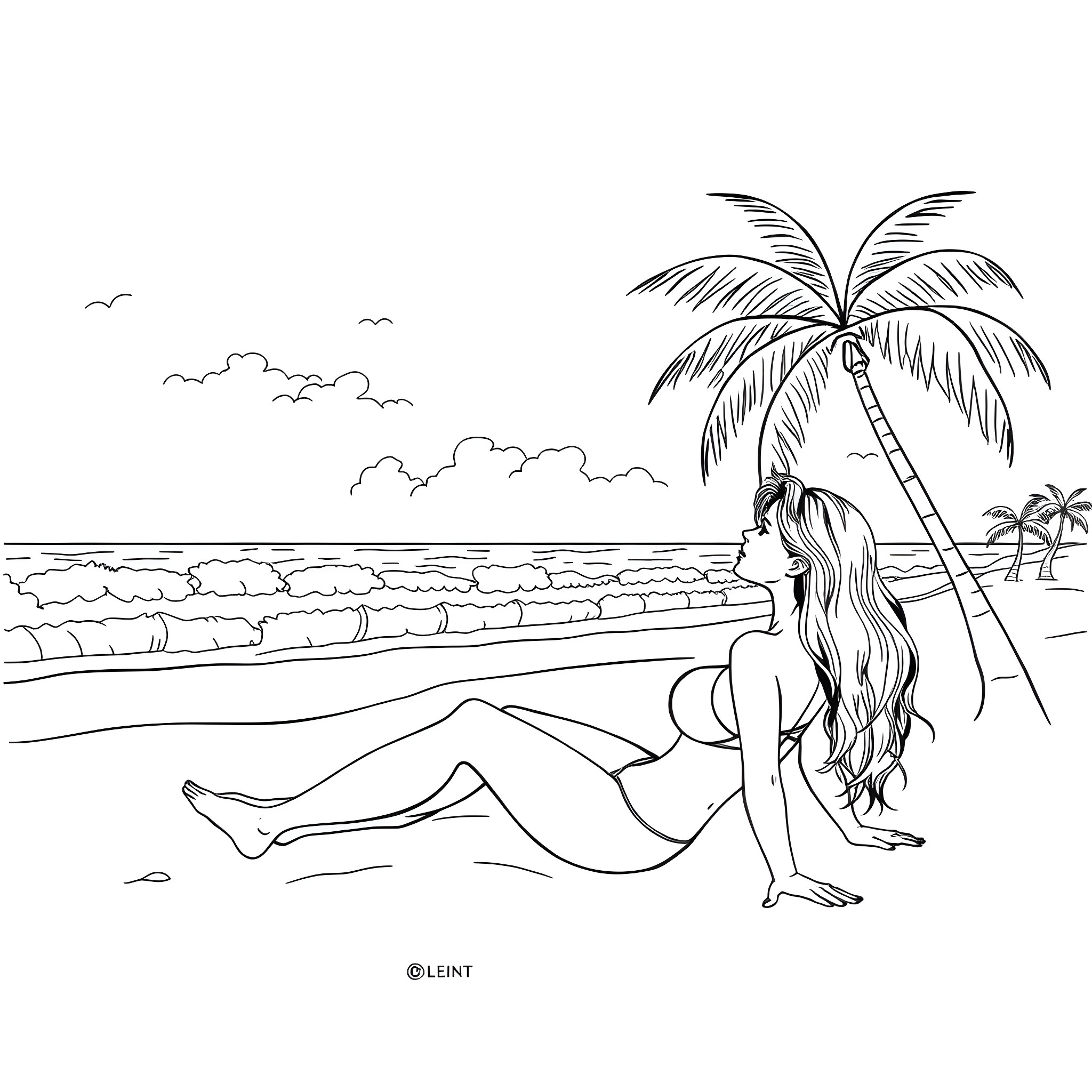 Woman relaxing on beach under palm tree Coloring Page (free black-and-white line drawing printable PDF for all, from beginners to advanced learners, including children, teens, adults, and seniors)