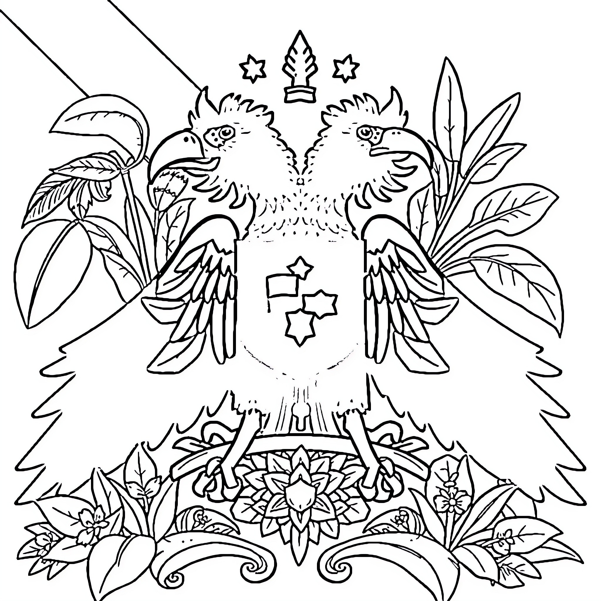 Coat of Arms with Majestic Mythical Birds Coloring Page (free black-and-white line drawing printable PDF for all, from beginners to advanced learners, including children, teens, adults, and seniors)