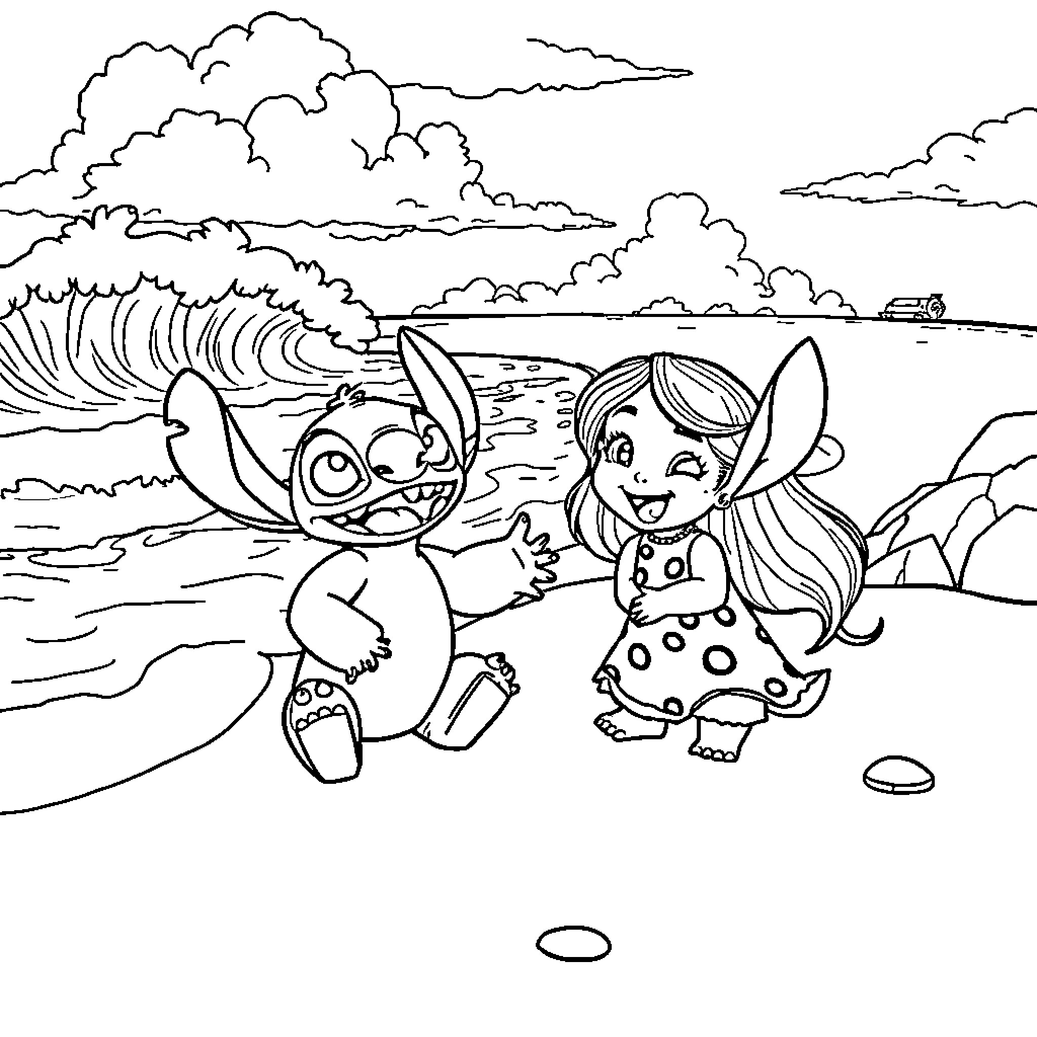 Lilo And Stitch Playing by the Beach Coloring Page (free black-and-white line drawing printable PDF for all, from beginners to advanced learners, including children, teens, adults, and seniors)