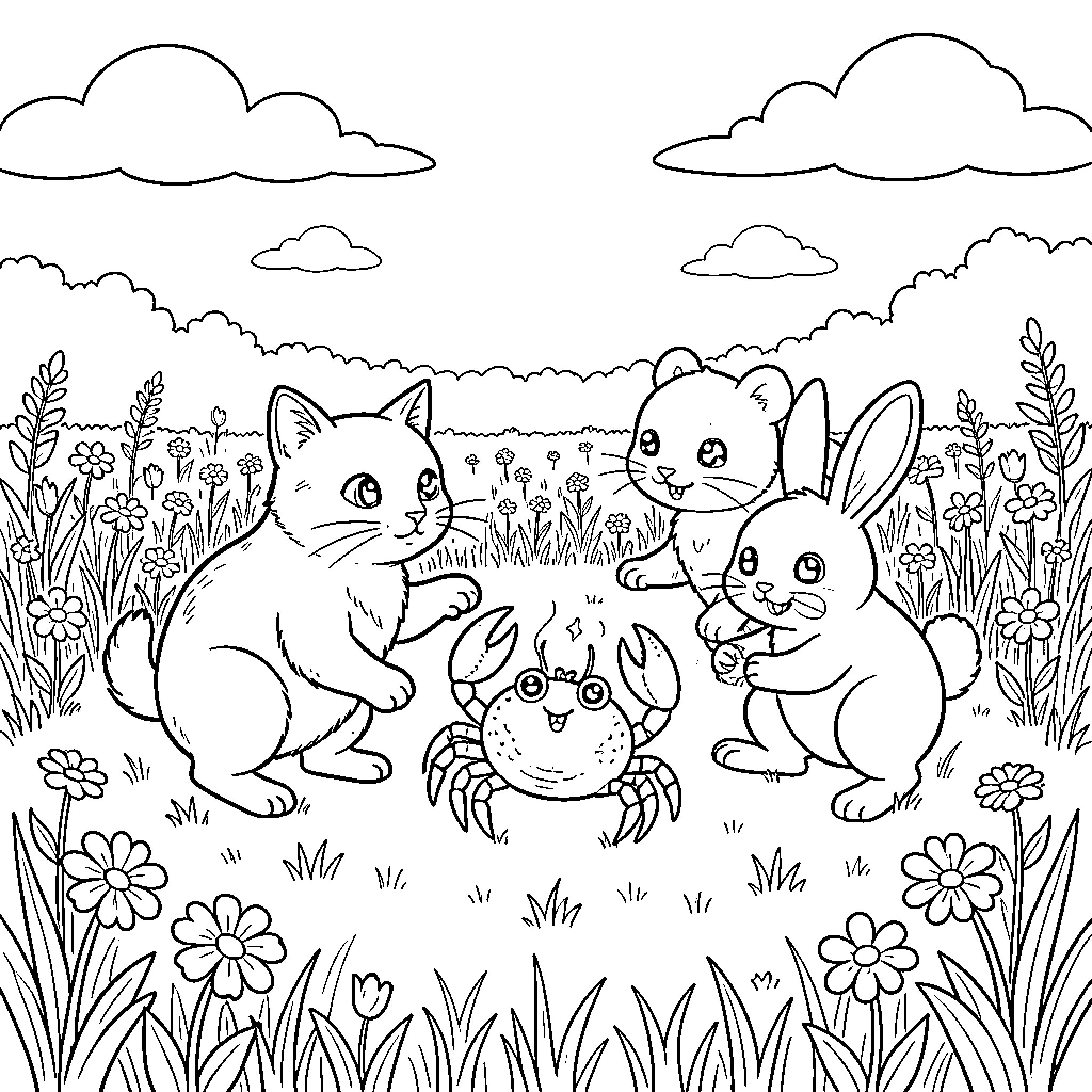 Chat Crab Rabbit: Friends Explore Lush Meadow Coloring Page (free black-and-white line drawing printable PDF for all, from beginners to advanced learners, including children, teens, adults, and seniors)