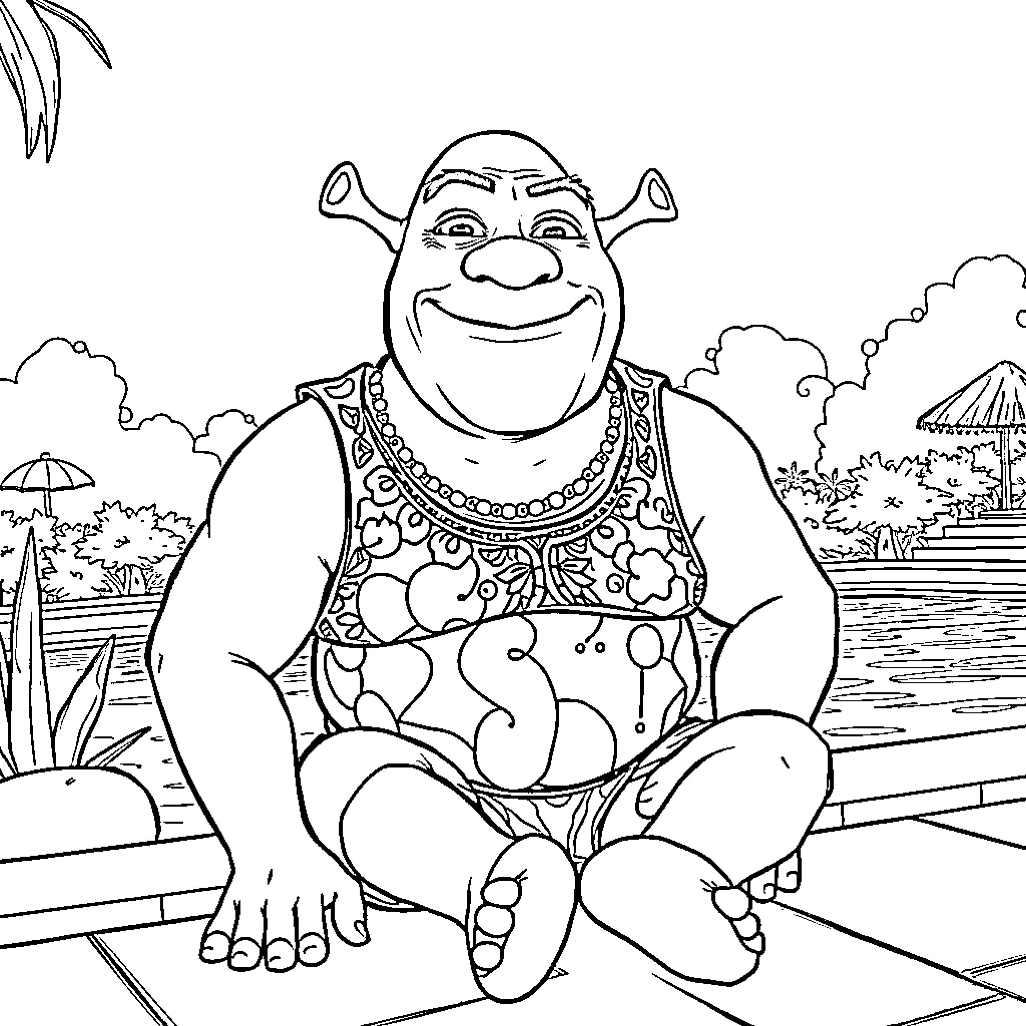 Shrek relaxing with a warm smile in a nature setting Coloring Page (free black-and-white line drawing printable PDF for all, from beginners to advanced learners, including children, teens, adults, and seniors)