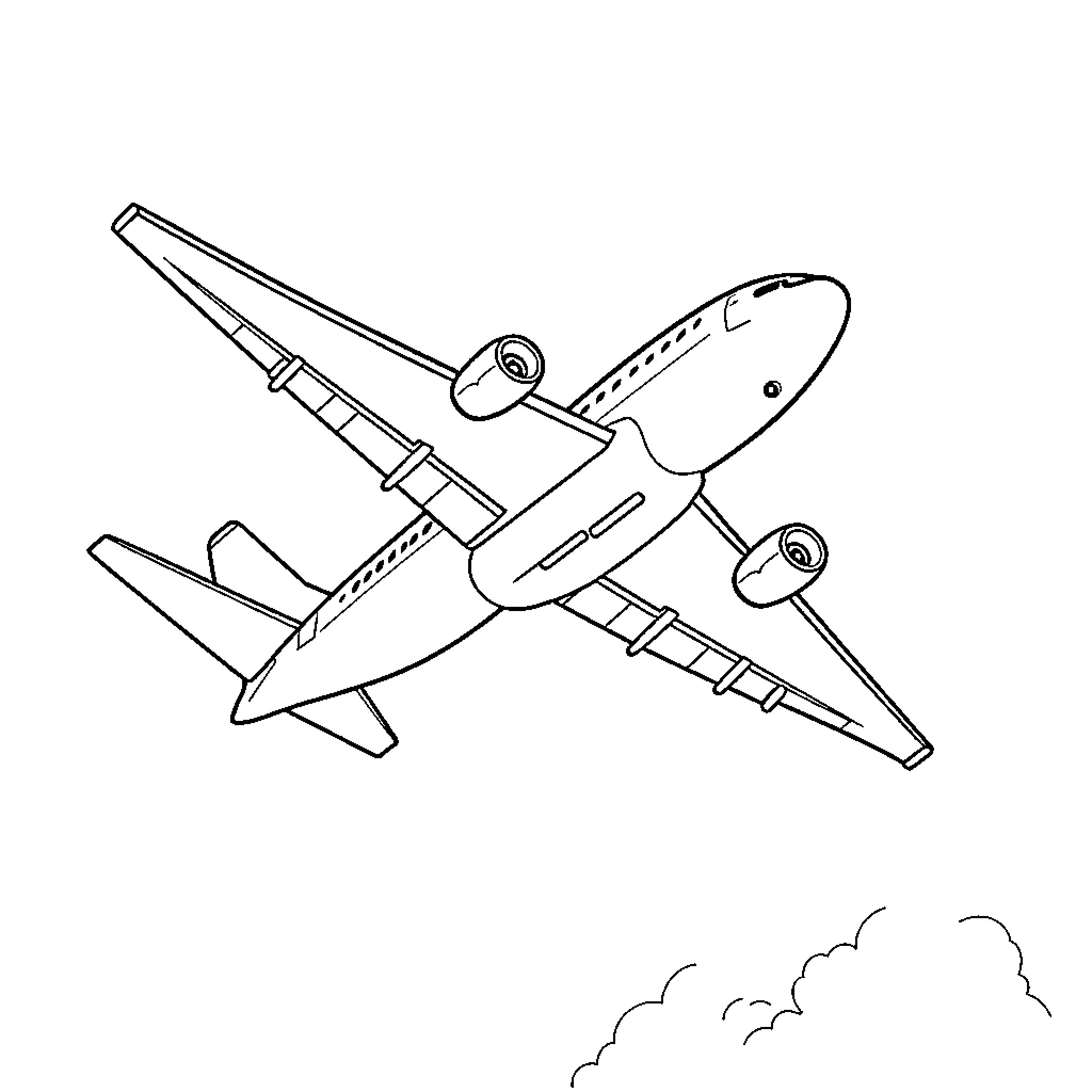 Airplane flying in the sky Coloring Page (free black-and-white line drawing printable PDF for all, from beginners to advanced learners, including children, teens, adults, and seniors)