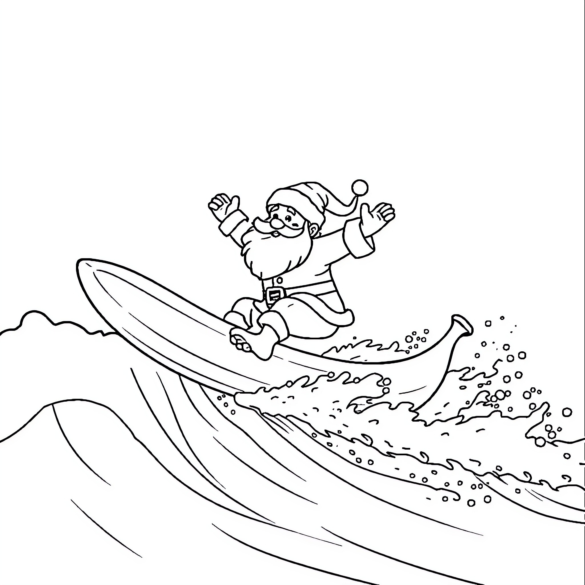 Santa surfing excitedly on a big wave Coloring Page (free black-and-white line drawing printable PDF for all, from beginners to advanced learners, including children, teens, adults, and seniors)