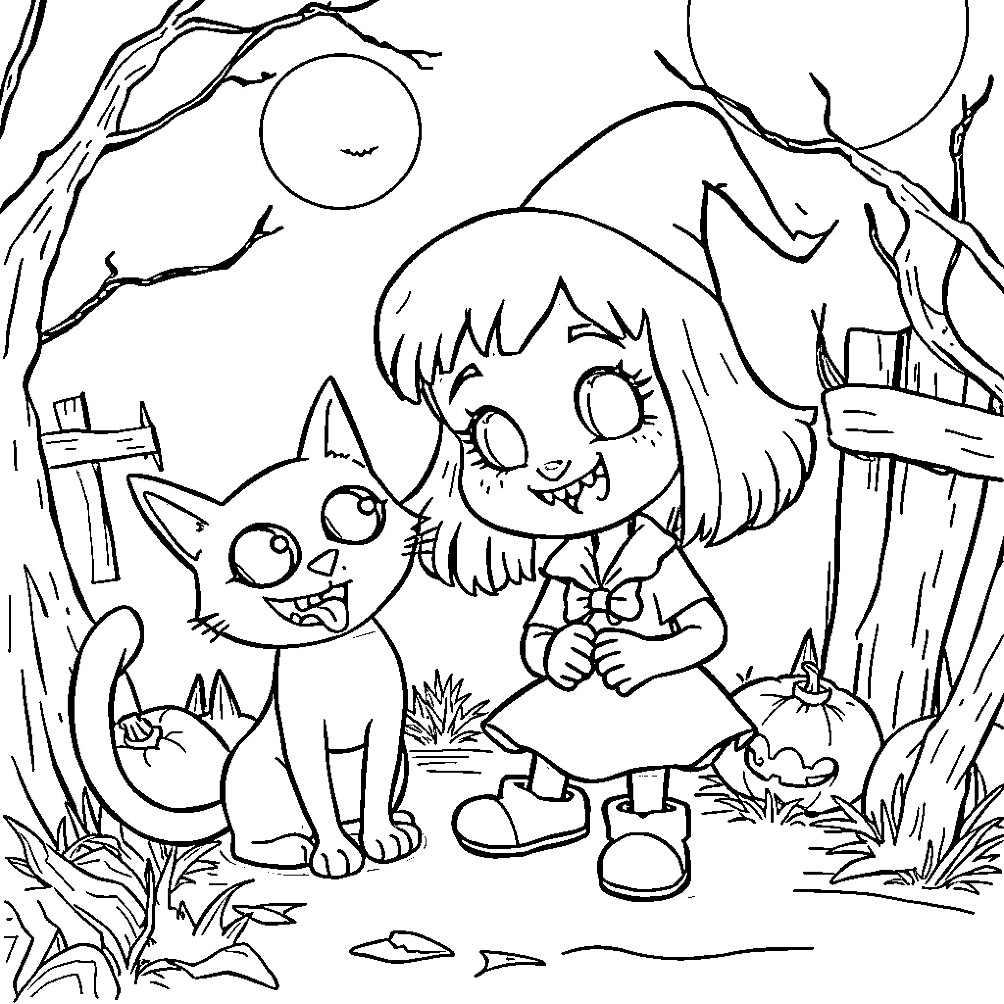 Gaby and her cat friend exploring the forest Coloring Page (free black-and-white line drawing printable PDF for all, from beginners to advanced learners, including children, teens, adults, and seniors)