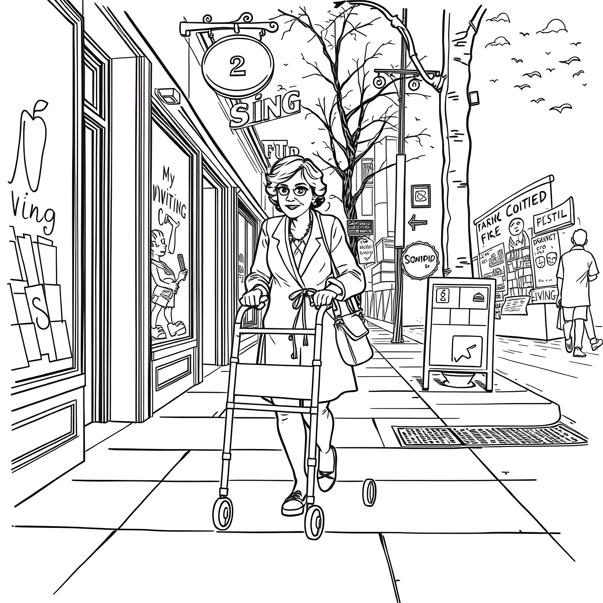 Woman walking down a city street with shops Coloring Page (free black-and-white line drawing printable PDF for all, from beginners to advanced learners, including children, teens, adults, and seniors)