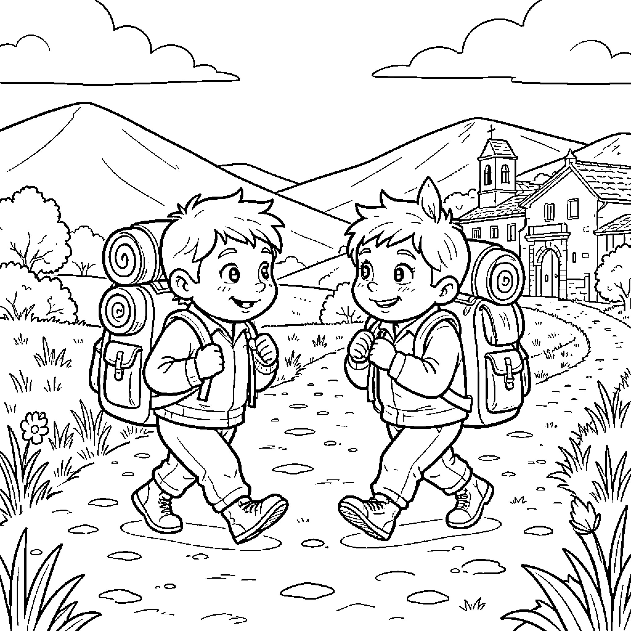 Cerdito boys hiking happily on a mountain path Coloring Page (free black-and-white line drawing printable PDF for all, from beginners to advanced learners, including children, teens, adults, and seniors)
