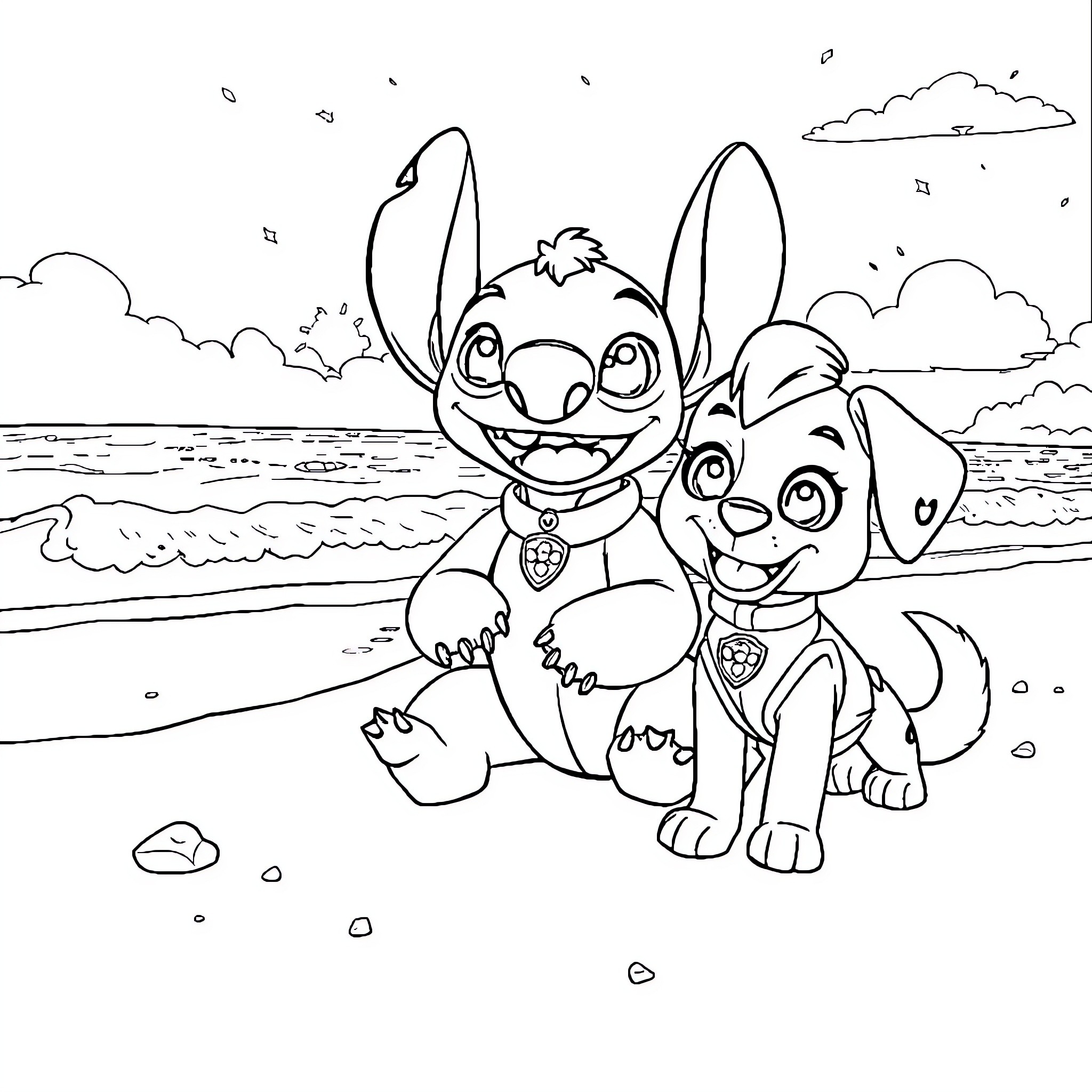 Lilo and Stitch playing on the beach Coloring Page (free black-and-white line drawing printable PDF for all, from beginners to advanced learners, including children, teens, adults, and seniors)