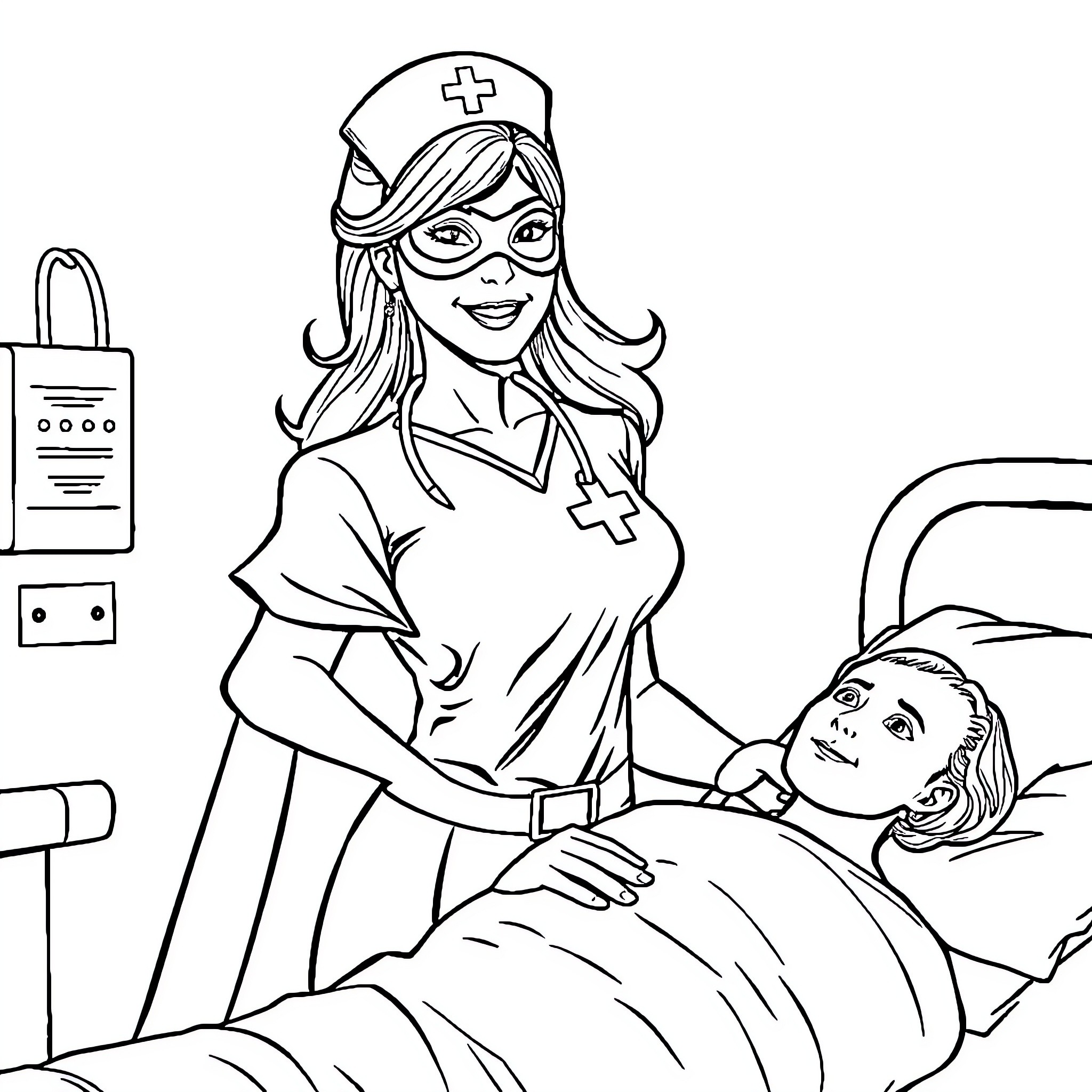 Superhero Nurse Providing Care to Sick Patient Coloring Page (free black-and-white line drawing printable PDF for all, from beginners to advanced learners, including children, teens, adults, and seniors)