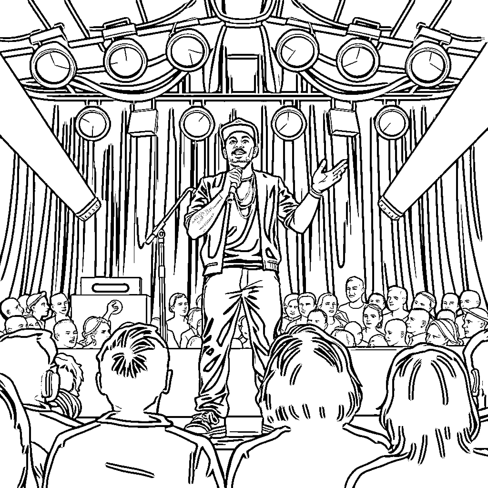 Rapper performing on stage with audience Coloring Page (free black-and-white line drawing printable PDF for all, from beginners to advanced learners, including children, teens, adults, and seniors)