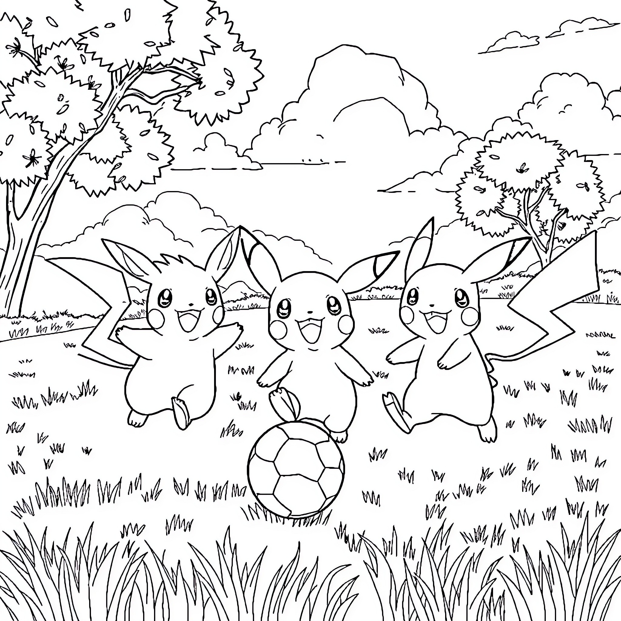 Pokémon characters playing in a natural landscape Coloring Page (free black-and-white line drawing printable PDF for all, from beginners to advanced learners, including children, teens, adults, and seniors)