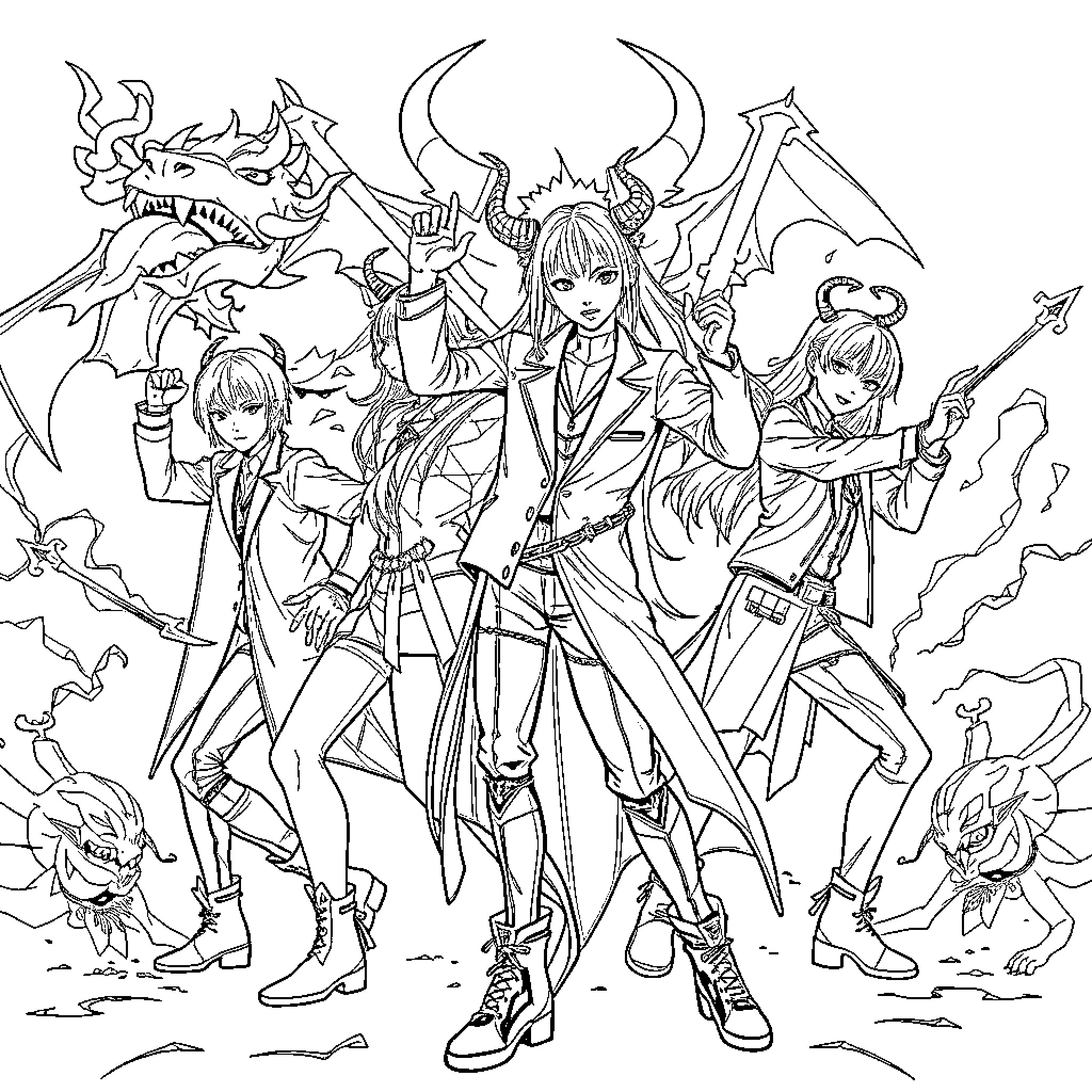 Demon Hunter Leads Fierce Charge Against Supernatural Foes Coloring Page (free black-and-white line drawing printable PDF for all, from beginners to advanced learners, including children, teens, adults, and seniors)