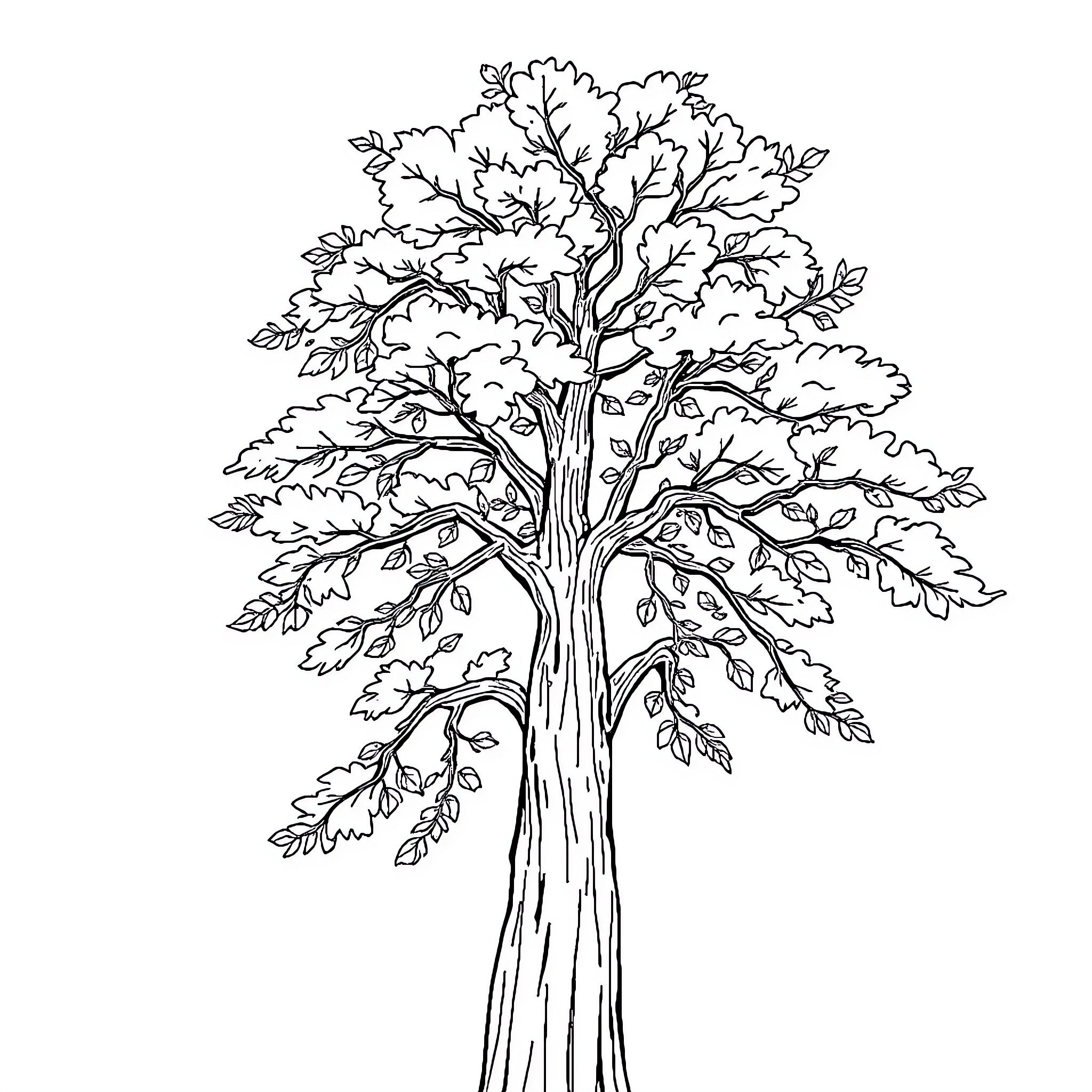 Tree with Detailed Foliage Coloring Page (free black-and-white line drawing printable PDF for all, from beginners to advanced learners, including children, teens, adults, and seniors)