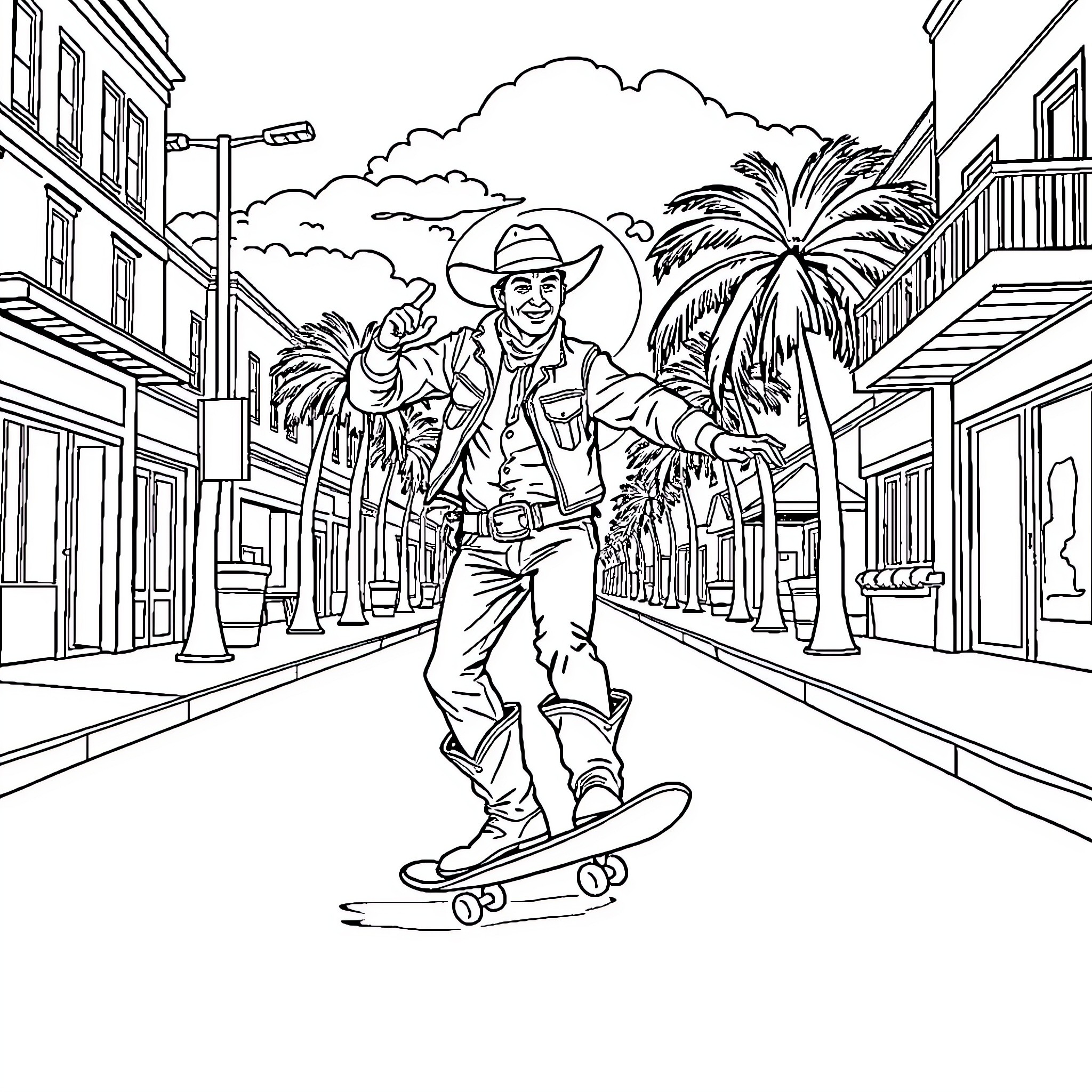 Cowboy riding skateboard through palm-lined street Coloring Page (free black-and-white line drawing printable PDF for all, from beginners to advanced learners, including children, teens, adults, and seniors)
