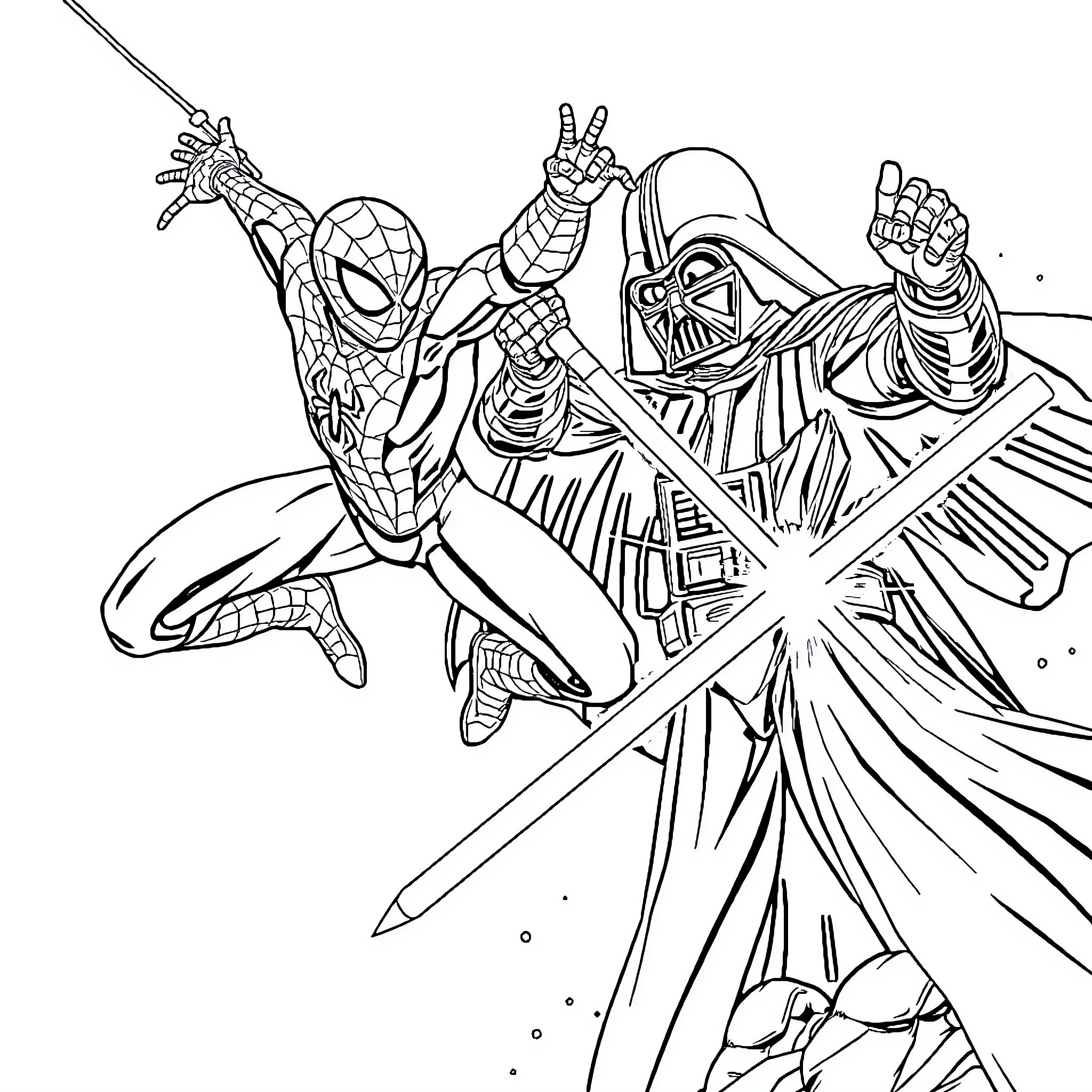 Spider-Man facing off against Darth Vader in epic battle Coloring Page (free black-and-white line drawing printable PDF for all, from beginners to advanced learners, including children, teens, adults, and seniors)