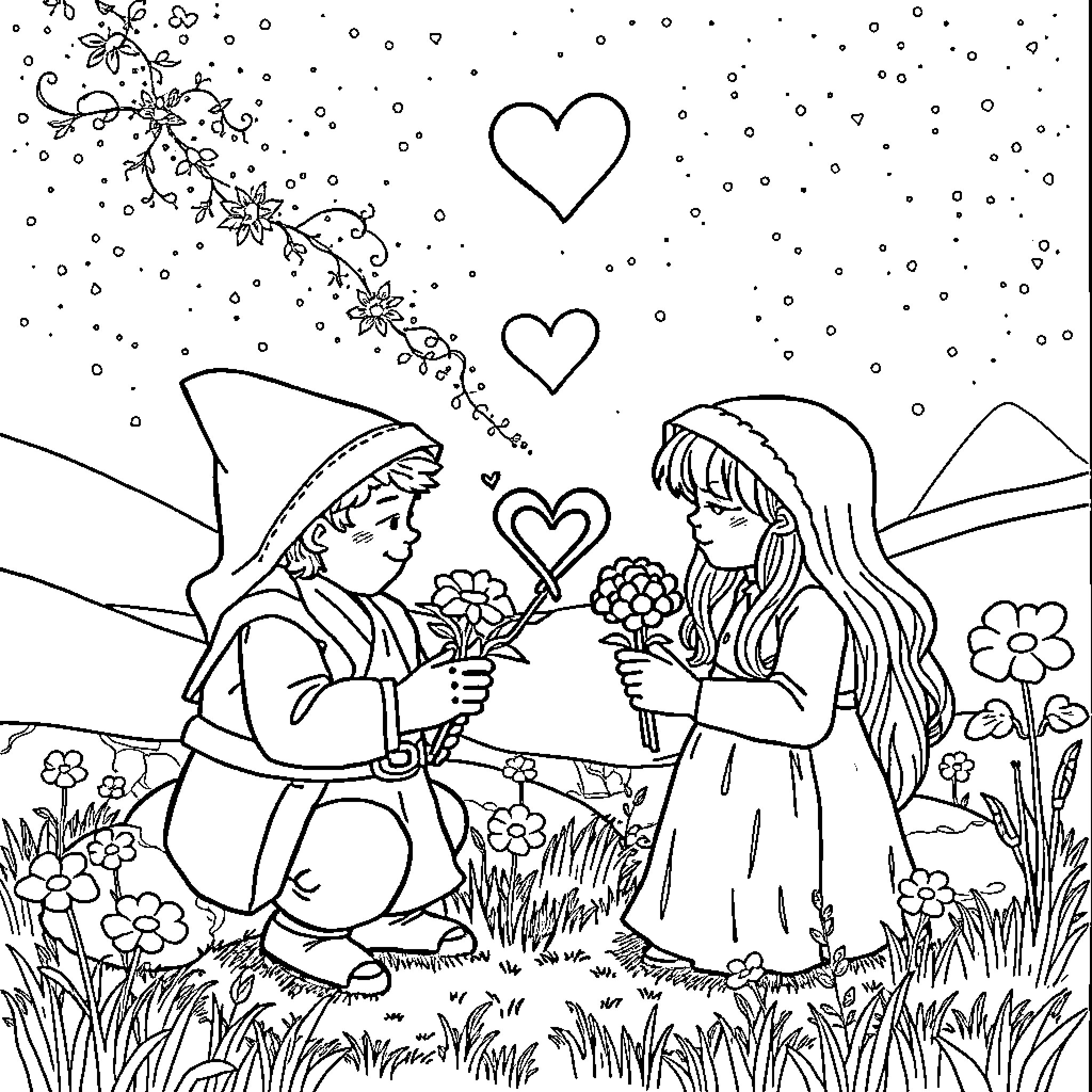 Lord of the Rings: Hobbits in a Pastoral Scene Coloring Page (free black-and-white line drawing printable PDF for all, from beginners to advanced learners, including children, teens, adults, and seniors)