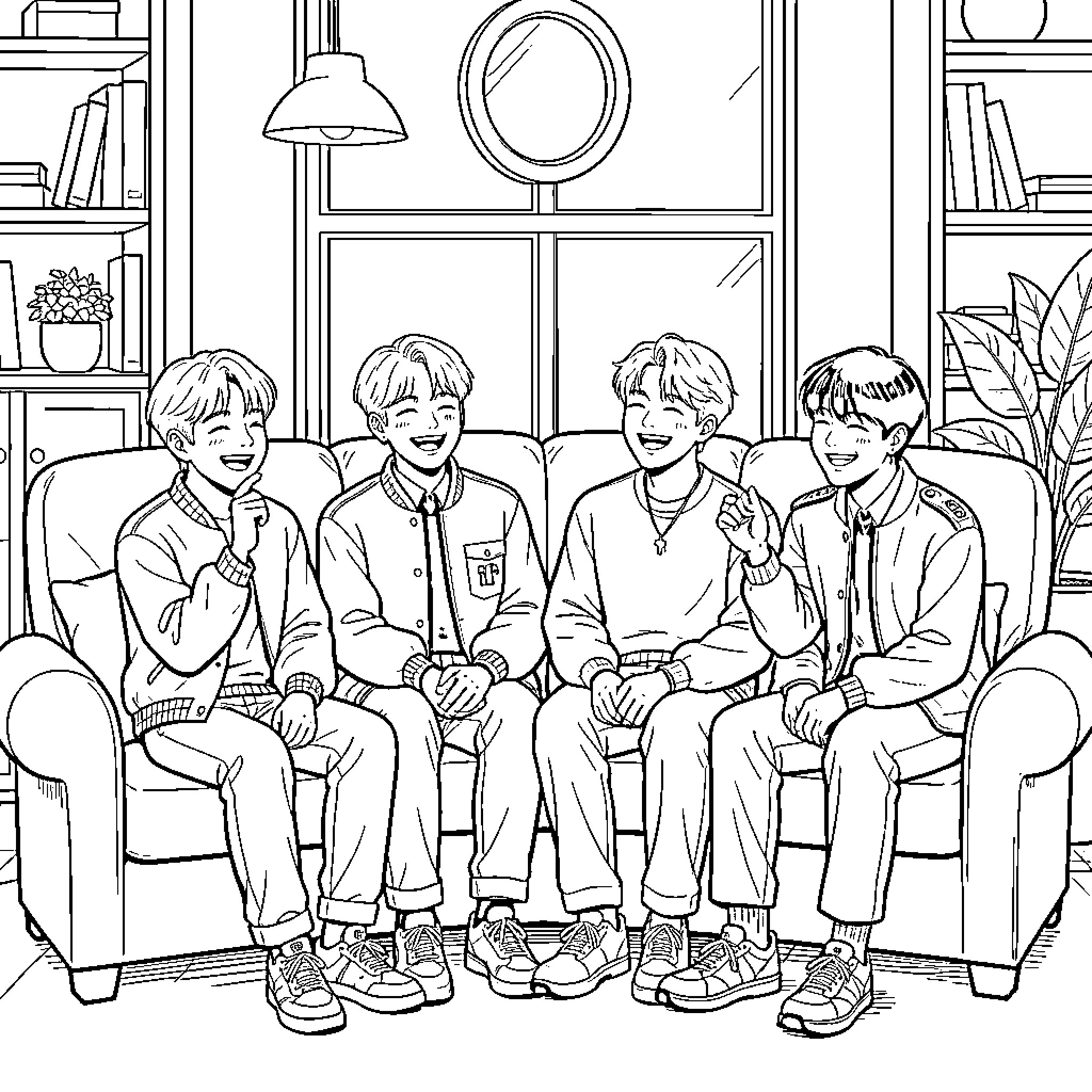 BT21 Members Relaxing in a Cozy Room Coloring Page (free black-and-white line drawing printable PDF for all, from beginners to advanced learners, including children, teens, adults, and seniors)