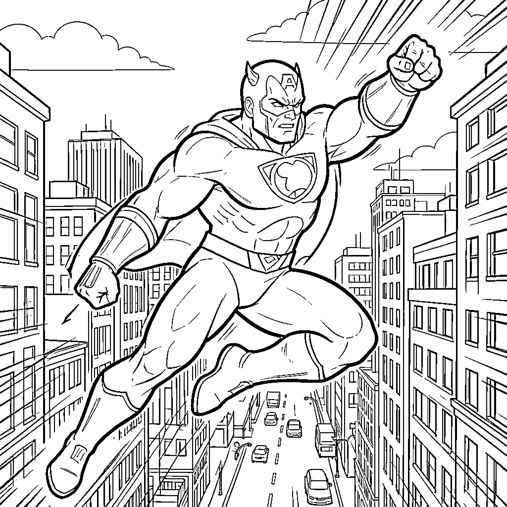 Speederman flying powerfully through a city skyline Coloring Page (free black-and-white line drawing printable PDF for all, from beginners to advanced learners, including children, teens, adults, and seniors)