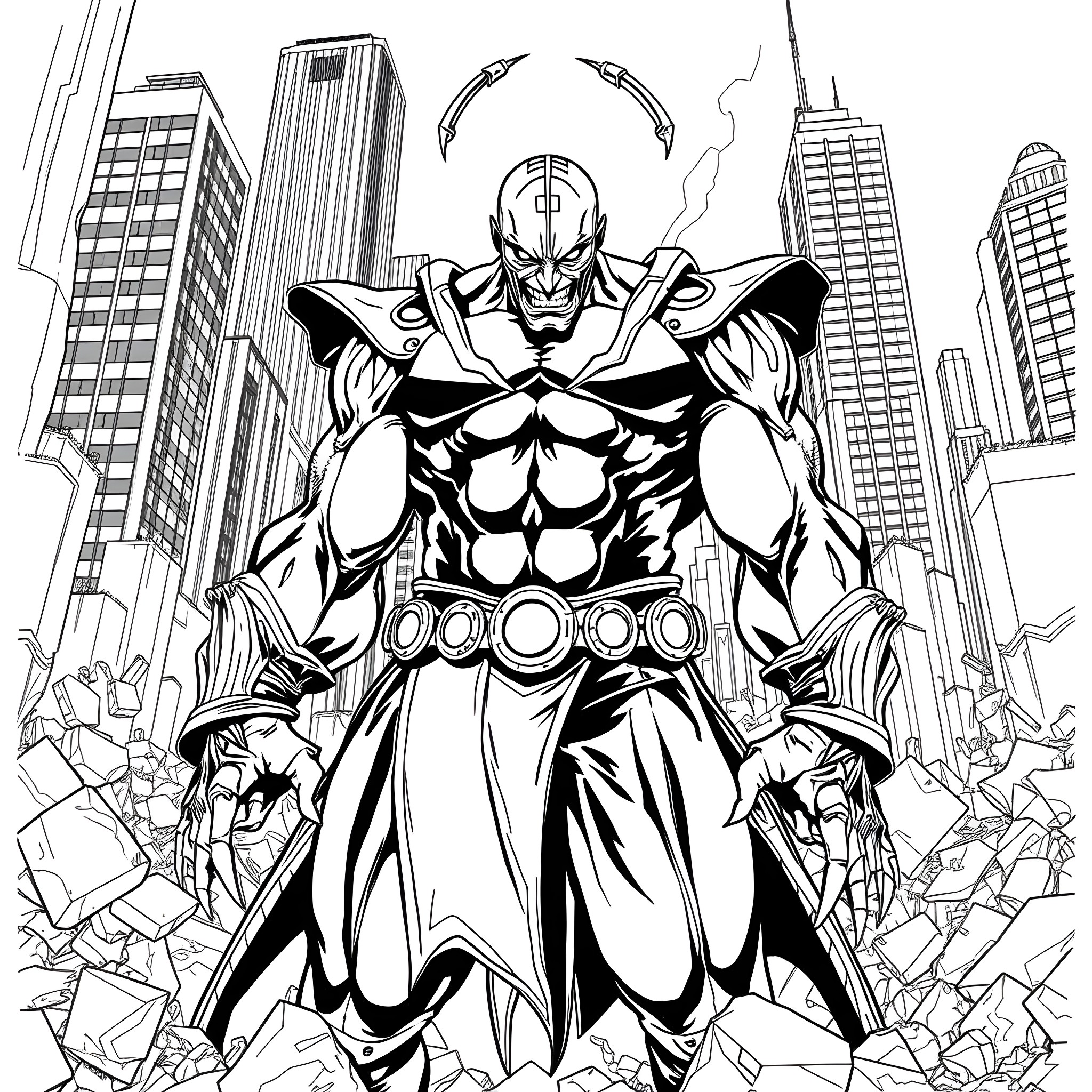 Bane's Domination over the City Coloring Page (free black-and-white line drawing printable PDF for all, from beginners to advanced learners, including children, teens, adults, and seniors)