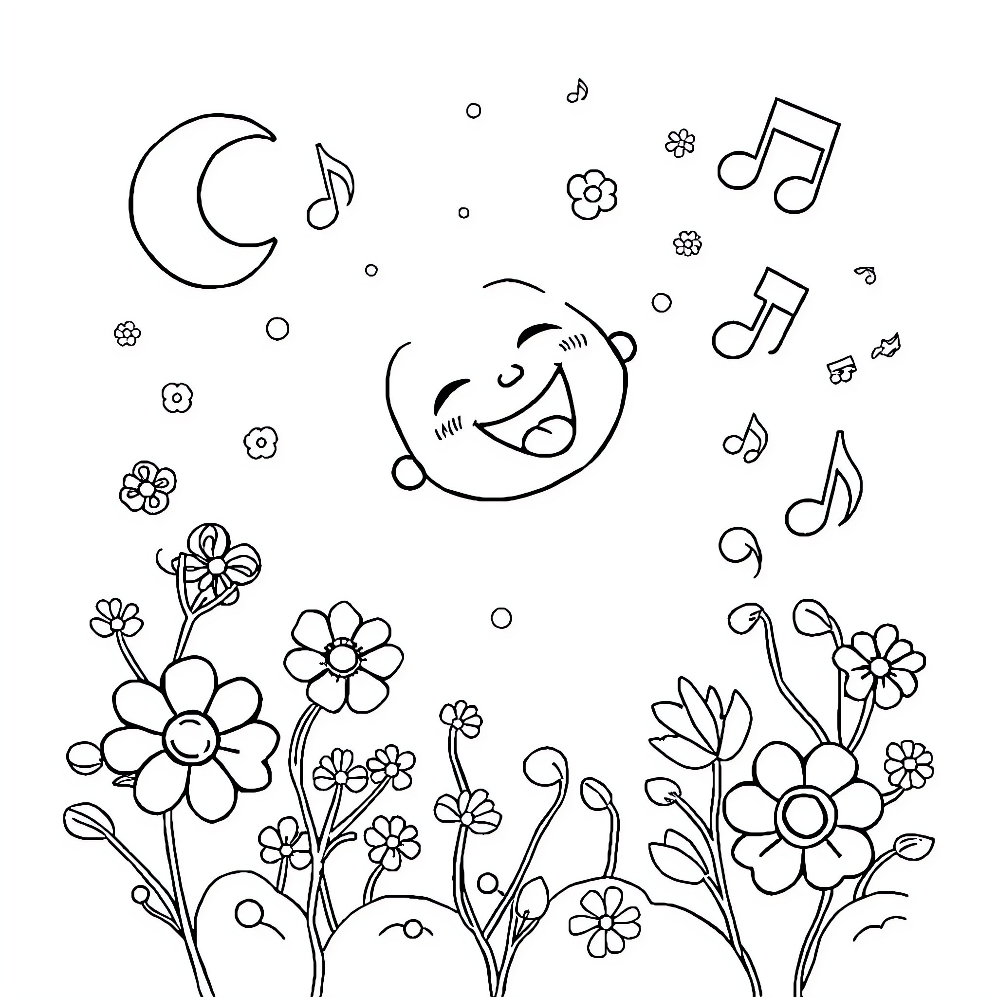 Tralaleo - Smiling face among musical notes and floral patterns Coloring Page (free black-and-white line drawing printable PDF for all, from beginners to advanced learners, including children, teens, adults, and seniors)