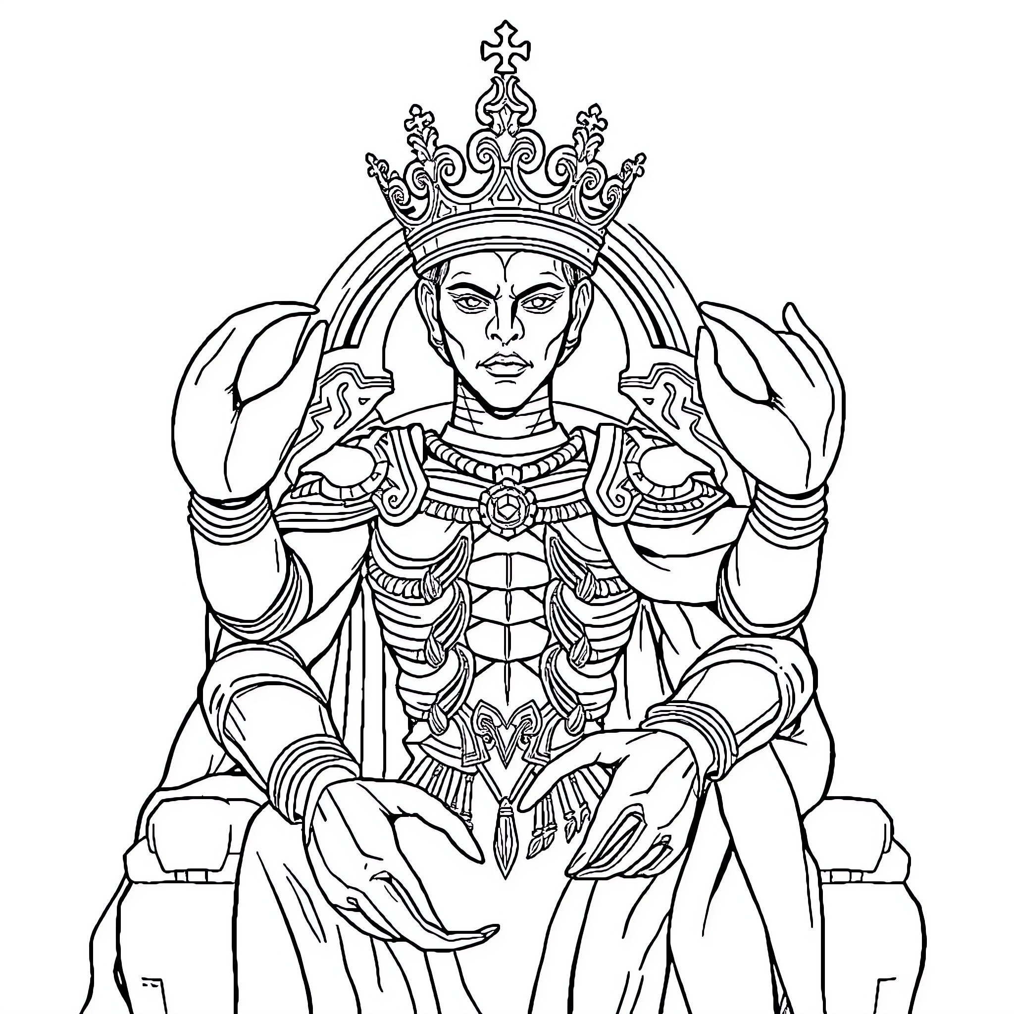 Scorpion King in ornate ceremonial robes and crown Coloring Page (free black-and-white line drawing printable PDF for all, from beginners to advanced learners, including children, teens, adults, and seniors)