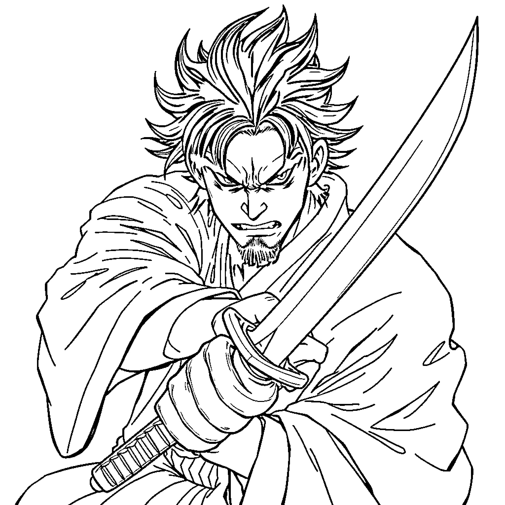 Akaza, the fierce swordsman in battle stance Coloring Page (free black-and-white line drawing printable PDF for all, from beginners to advanced learners, including children, teens, adults, and seniors)