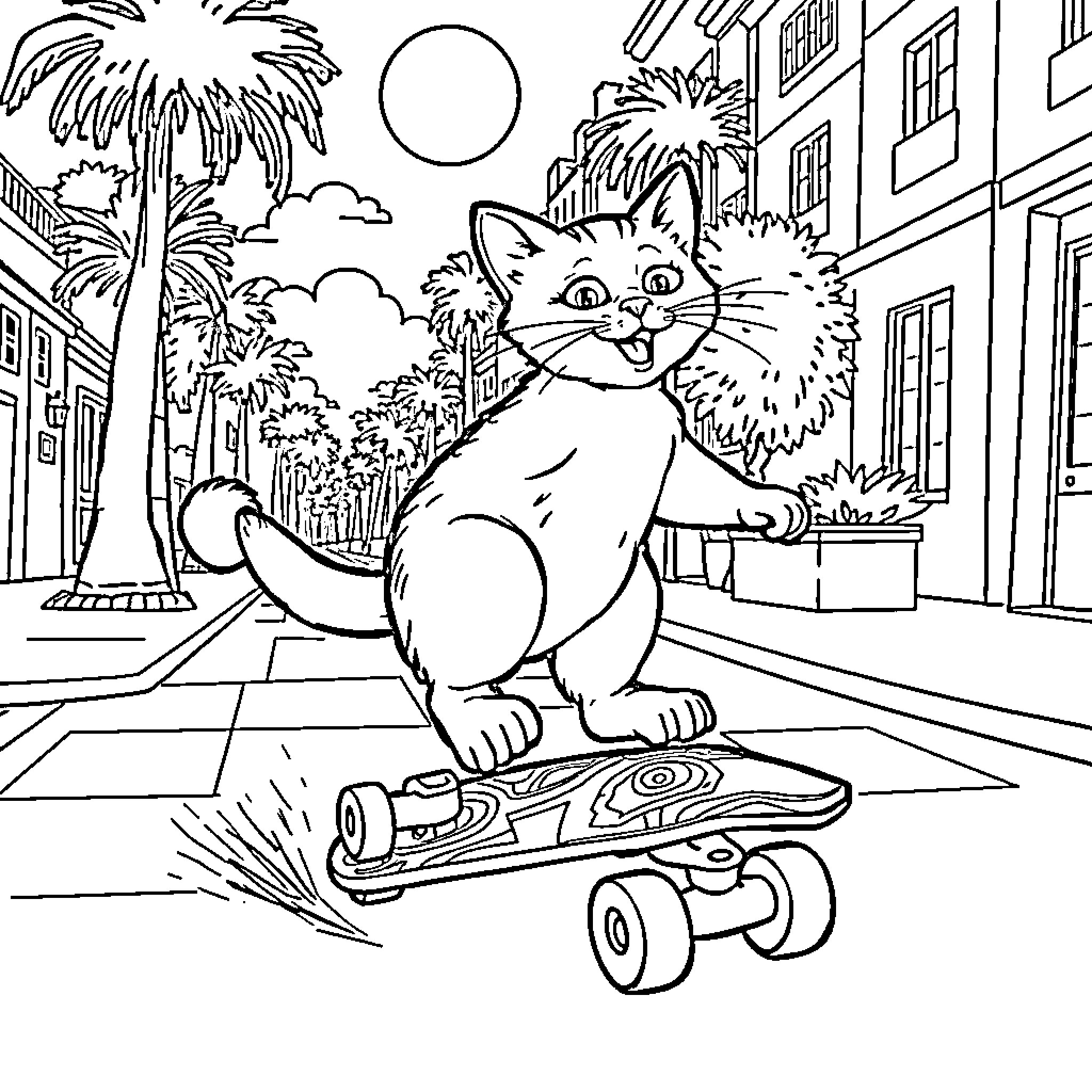 Cat riding skateboard on street with palm trees Coloring Page (free black-and-white line drawing printable PDF for all, from beginners to advanced learners, including children, teens, adults, and seniors)