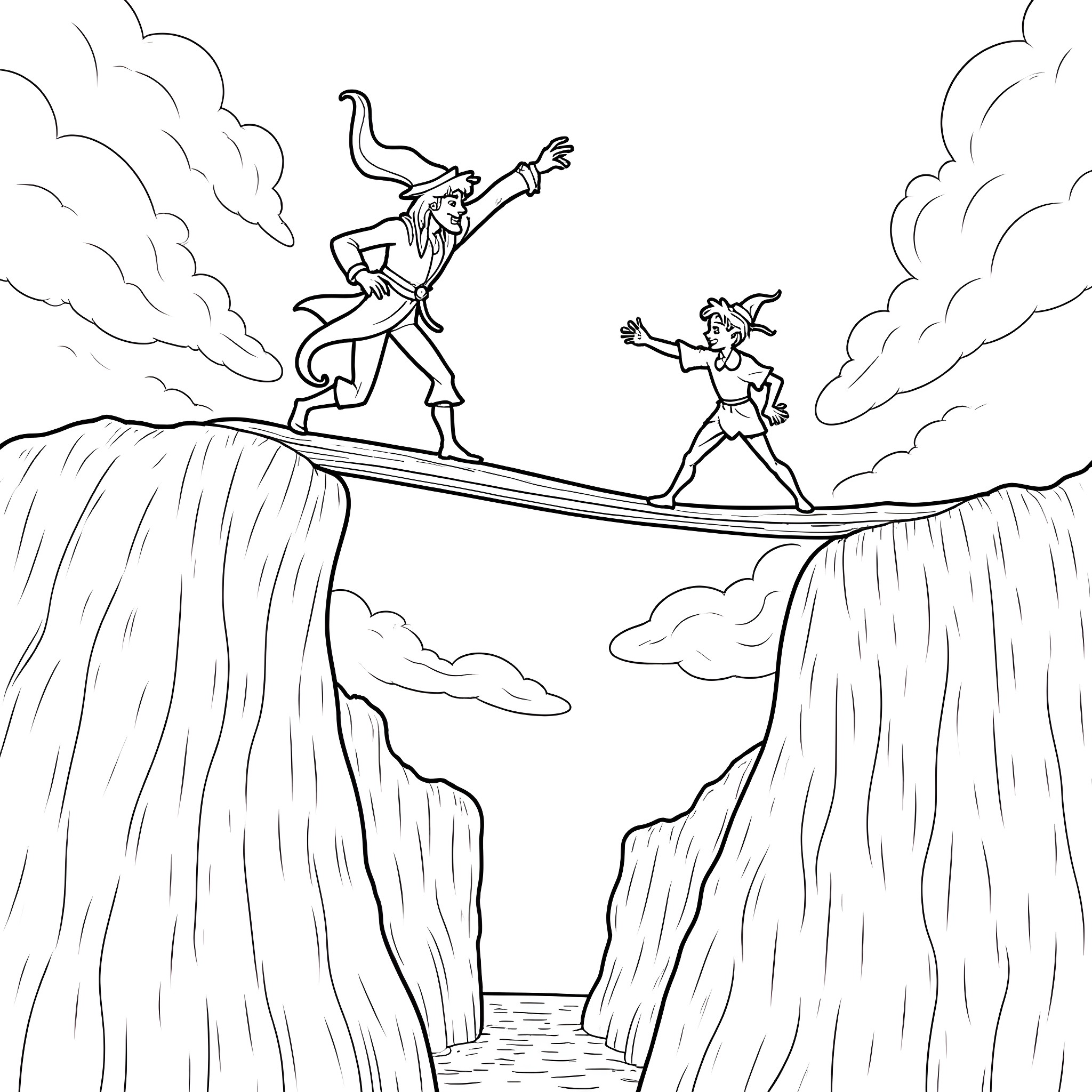 Captain Hook confronts Peter Pan on a perilous path Coloring Page (free black-and-white line drawing printable PDF for all, from beginners to advanced learners, including children, teens, adults, and seniors)