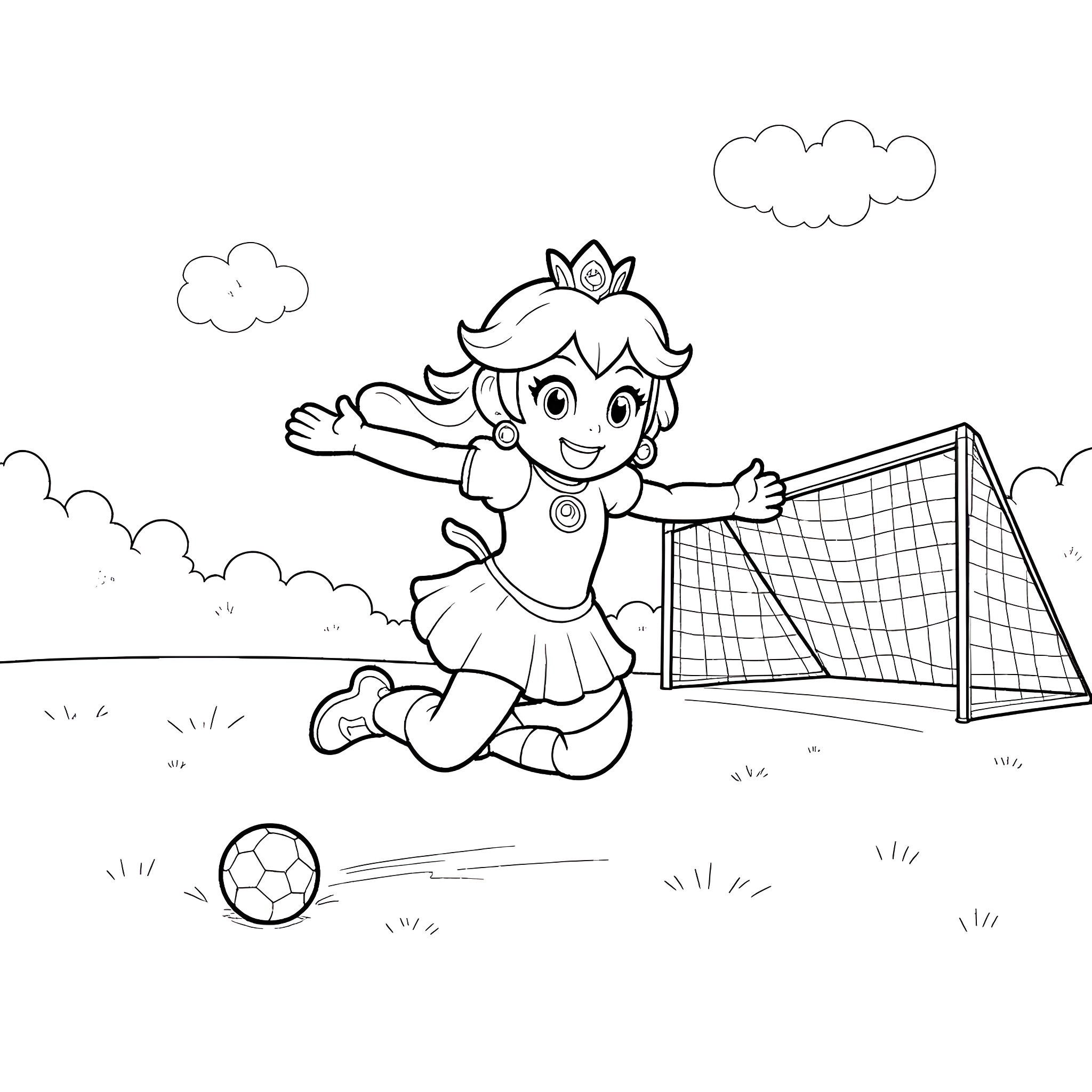 Princess playing happily with soccer ball on the field Coloring Page (free black-and-white line drawing printable PDF for all, from beginners to advanced learners, including children, teens, adults, and seniors)