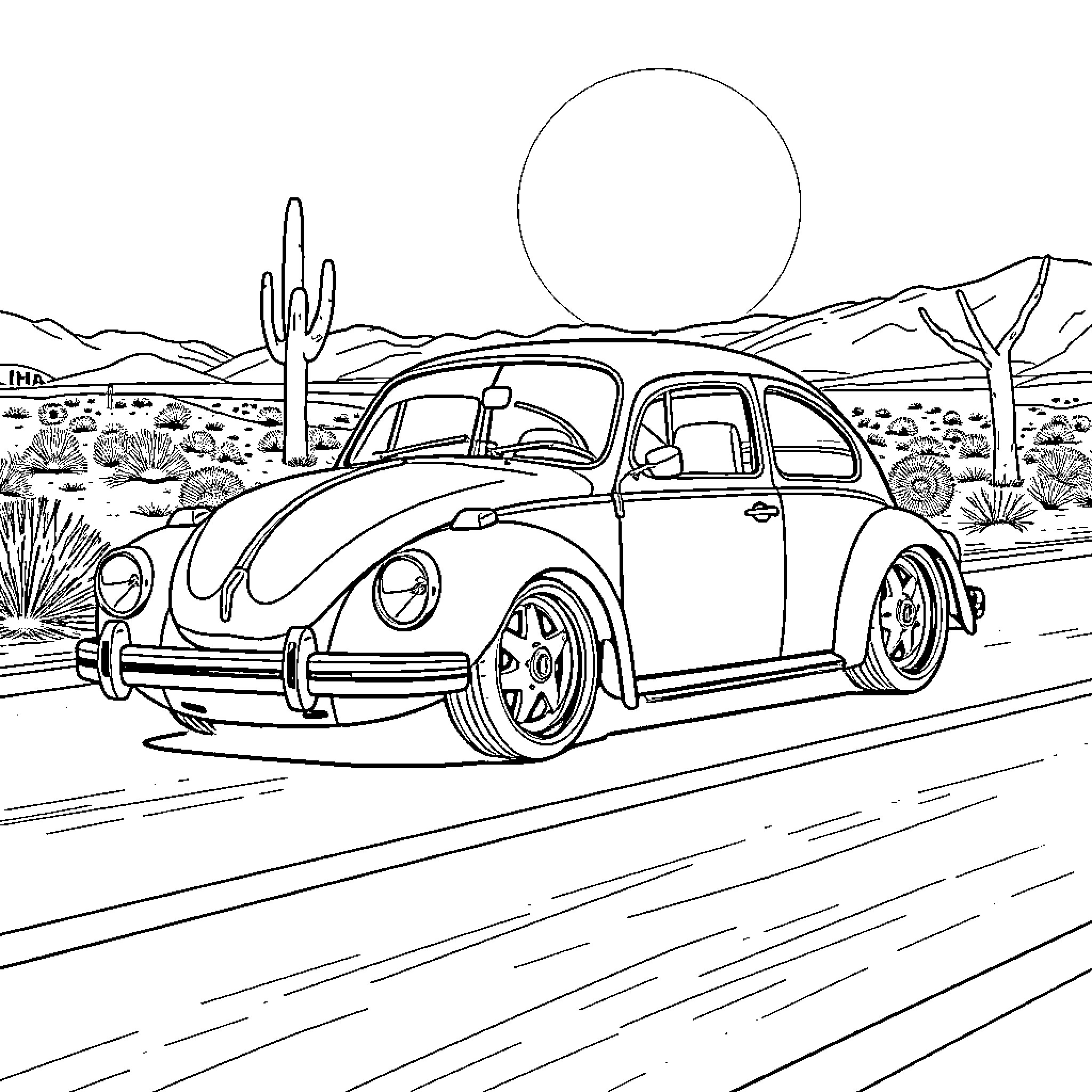 VW Beetle in Desert Landscape Coloring Page (free black-and-white line drawing printable PDF for all, from beginners to advanced learners, including children, teens, adults, and seniors)