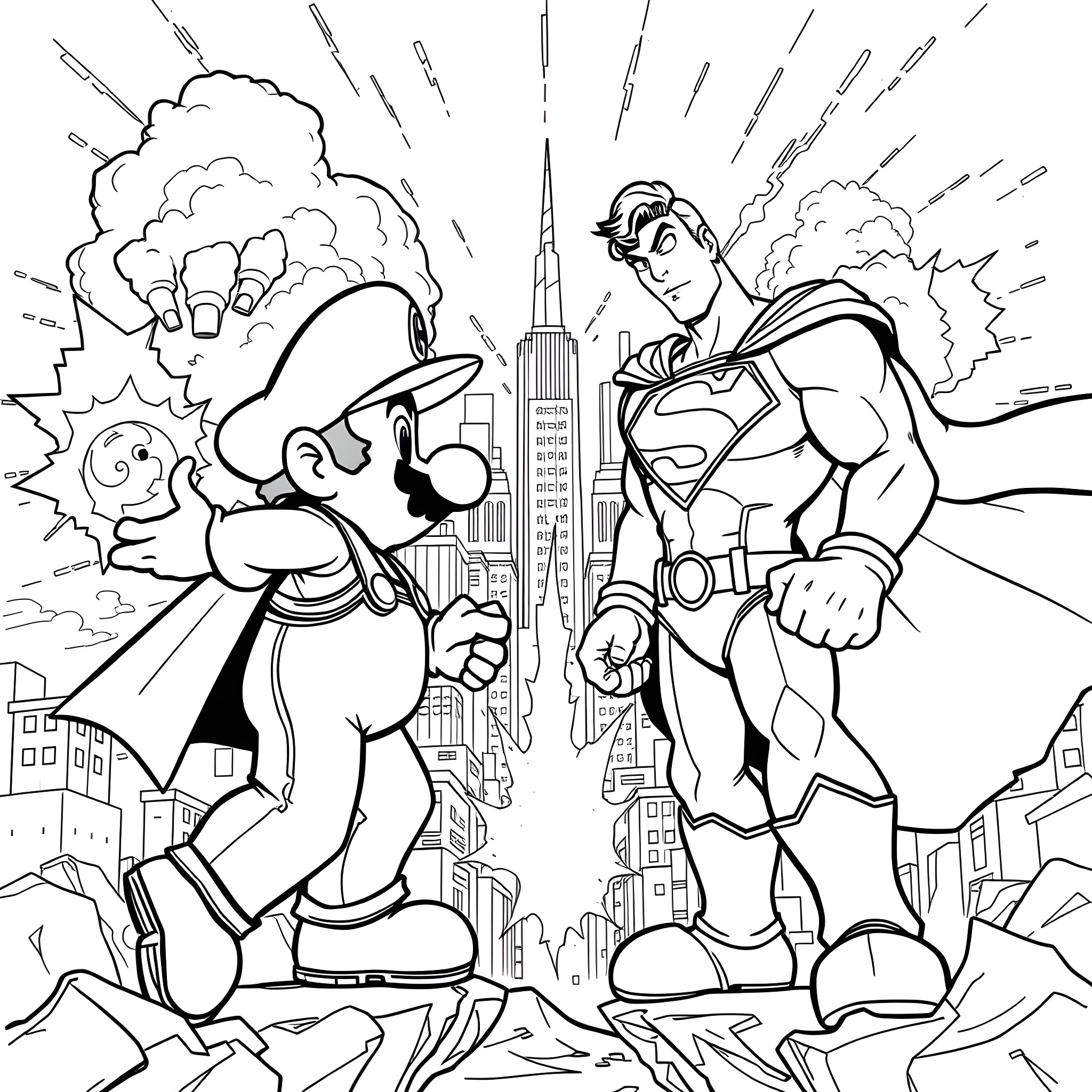 Mario and Superman battling in the city Coloring Page (free black-and-white line drawing printable PDF for all, from beginners to advanced learners, including children, teens, adults, and seniors)
