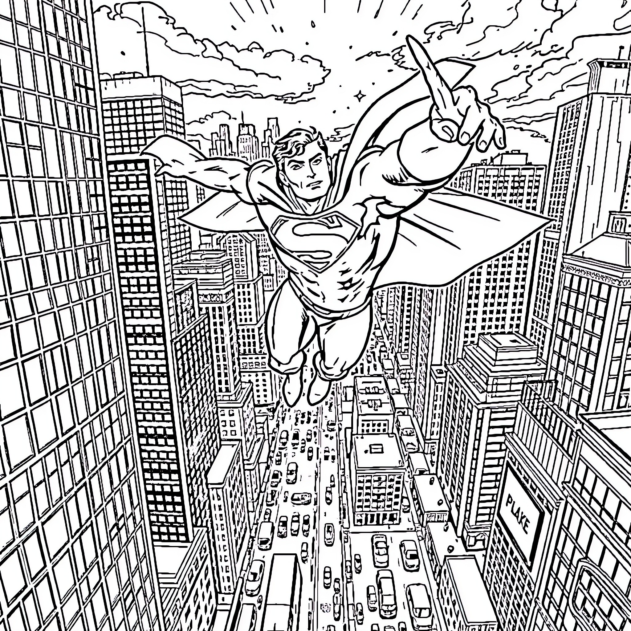 Superman soaring over the city skyline Coloring Page (free black-and-white line drawing printable PDF for all, from beginners to advanced learners, including children, teens, adults, and seniors)